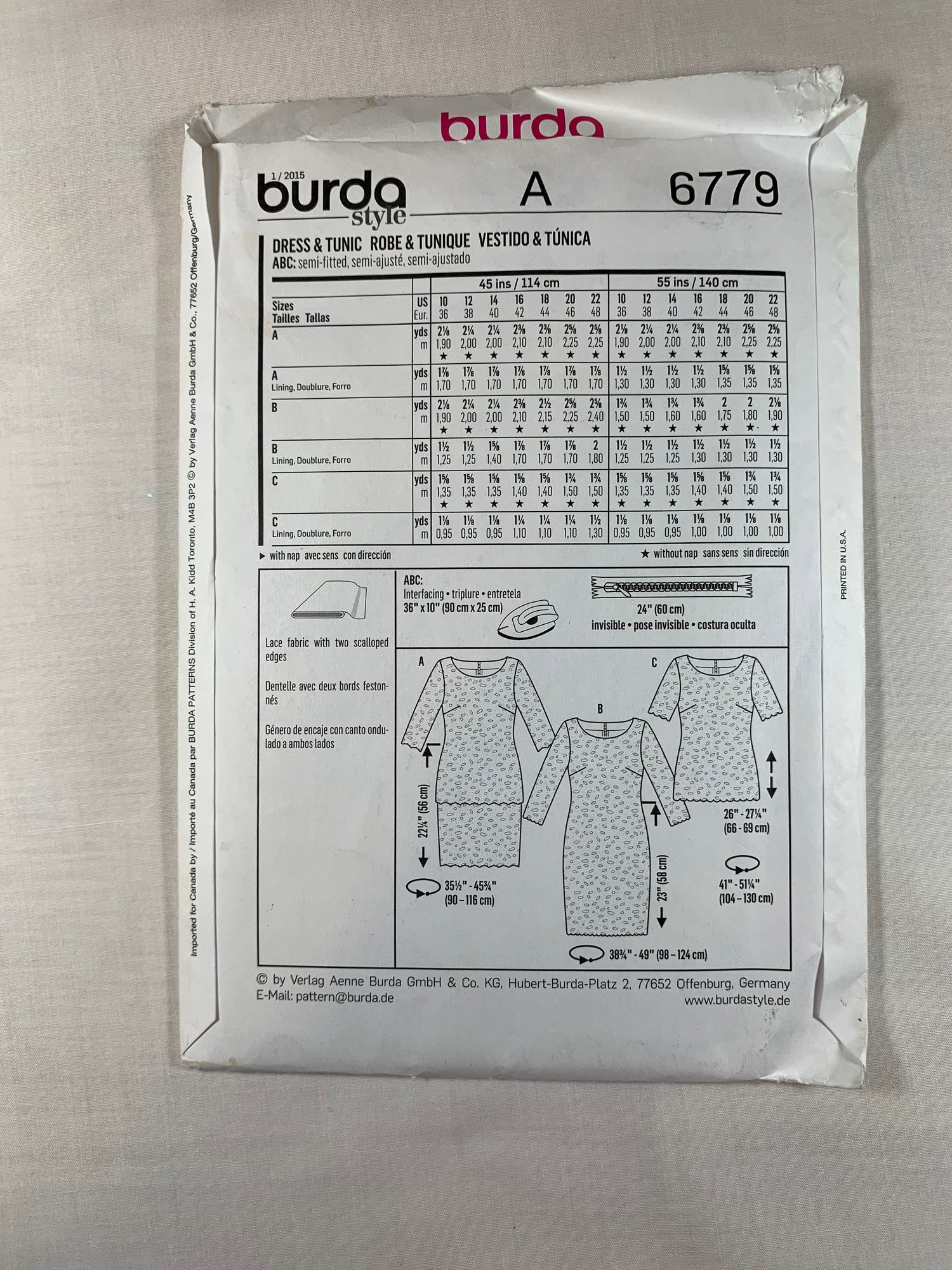 Burda Sewing Pattern 6779 Misses' Dress, Top, Tunic, Semi Fitted, Long/Short Sleeves, Size 10-22 Uncut, 2000