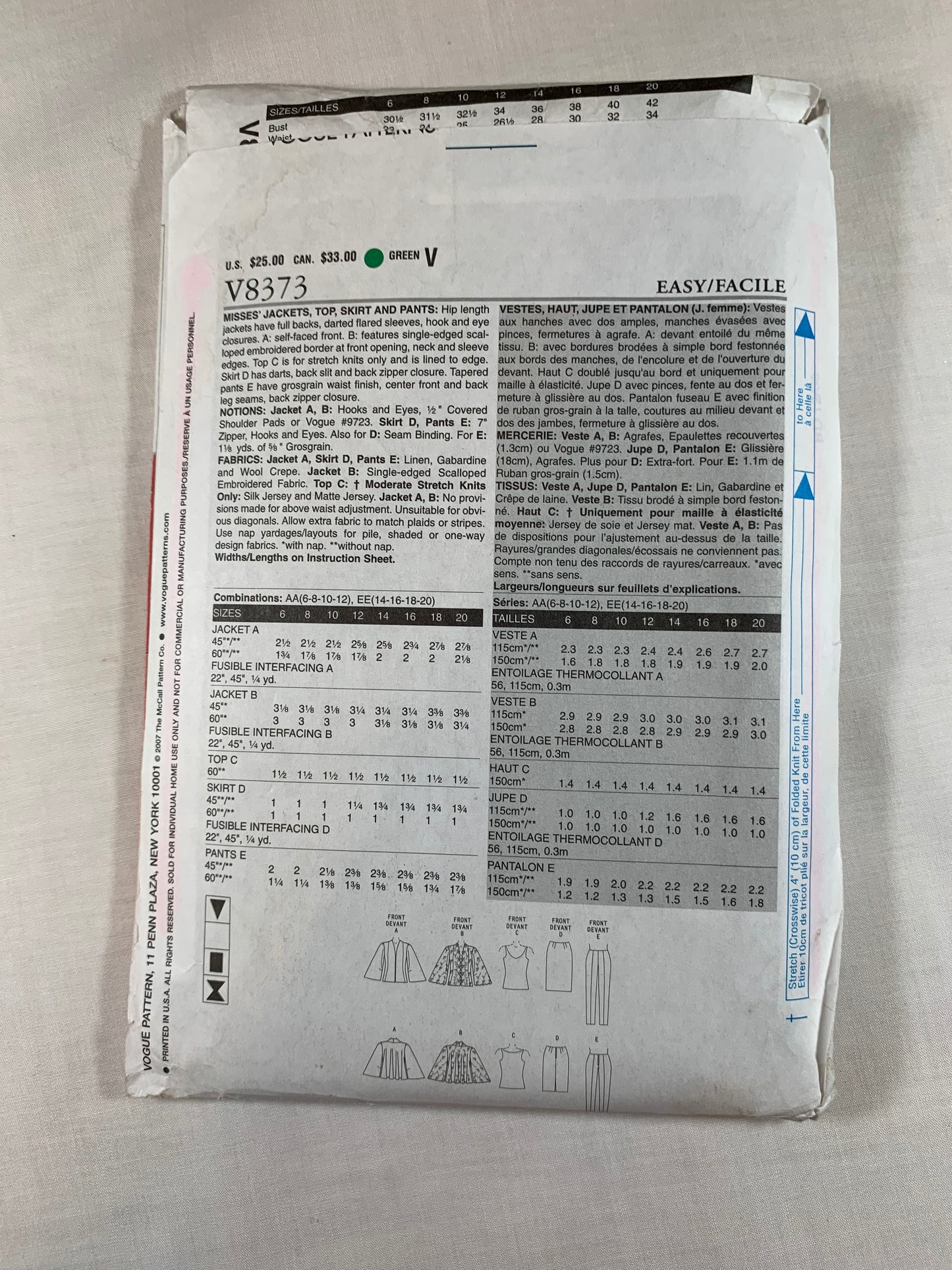 Vogue Sewing Pattern V8373 Misses' Jacket, Top, Skirt, Pants, Hip Length, Long Flared Sleeves, Shoulder Pads, Zipper Back, Sleeveless, Dress, Sleeveless, Size 6-12, Uncut, 2007