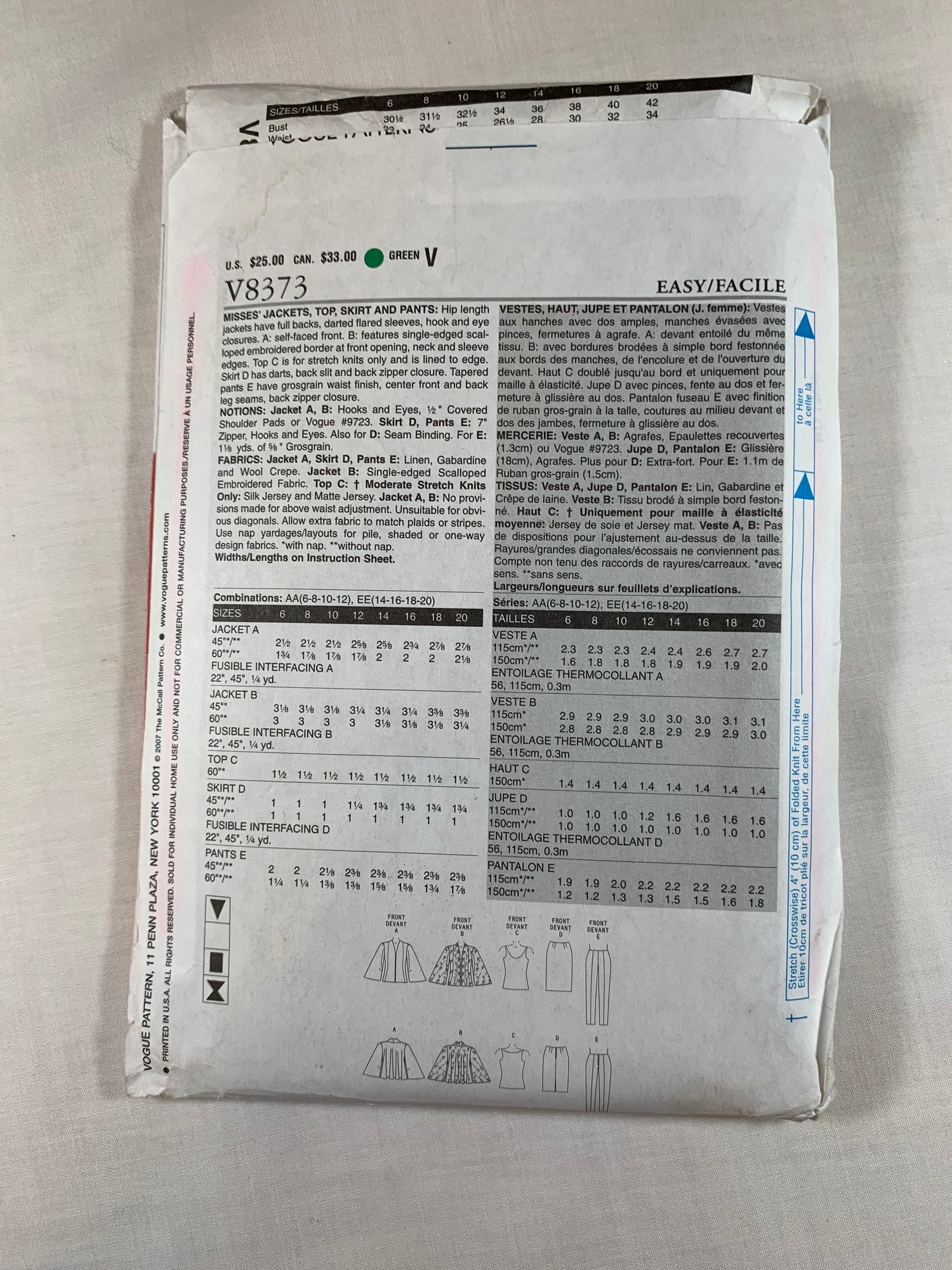 Vogue Sewing Pattern V8373 Misses' Jacket, Top, Skirt, Pants, Hip Length, Long Flared Sleeves, Shoulder Pads, Zipper Back, Sleeveless, Dress, Sleeveless, Size 6-12, Uncut, 2007
