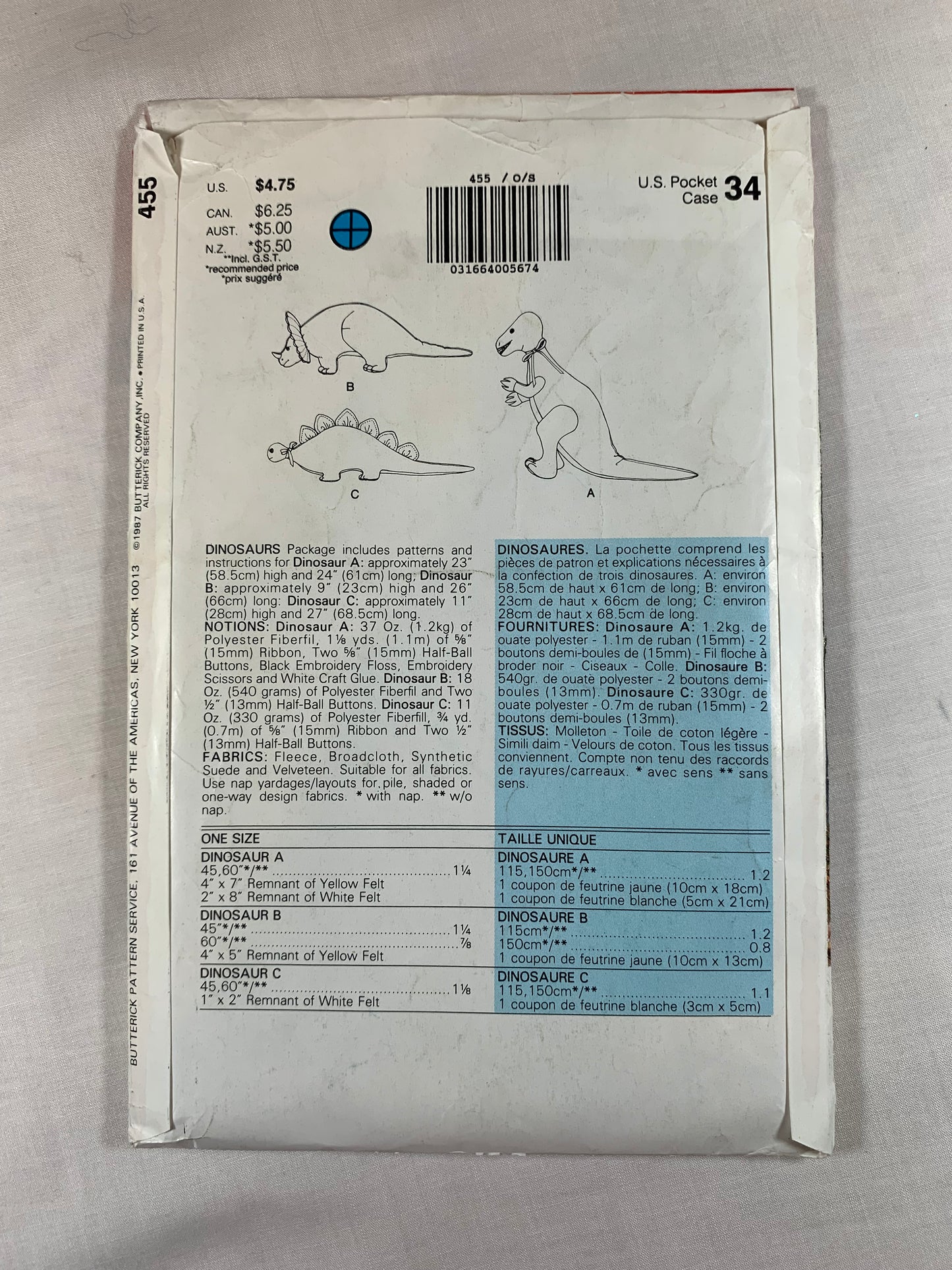 Butterick Sewing Pattern 455 Craft Dinosaur Stuffed Animals, Brontosaurus, Stegosaurus, Triceratops, Uncut, Vintage 1987
