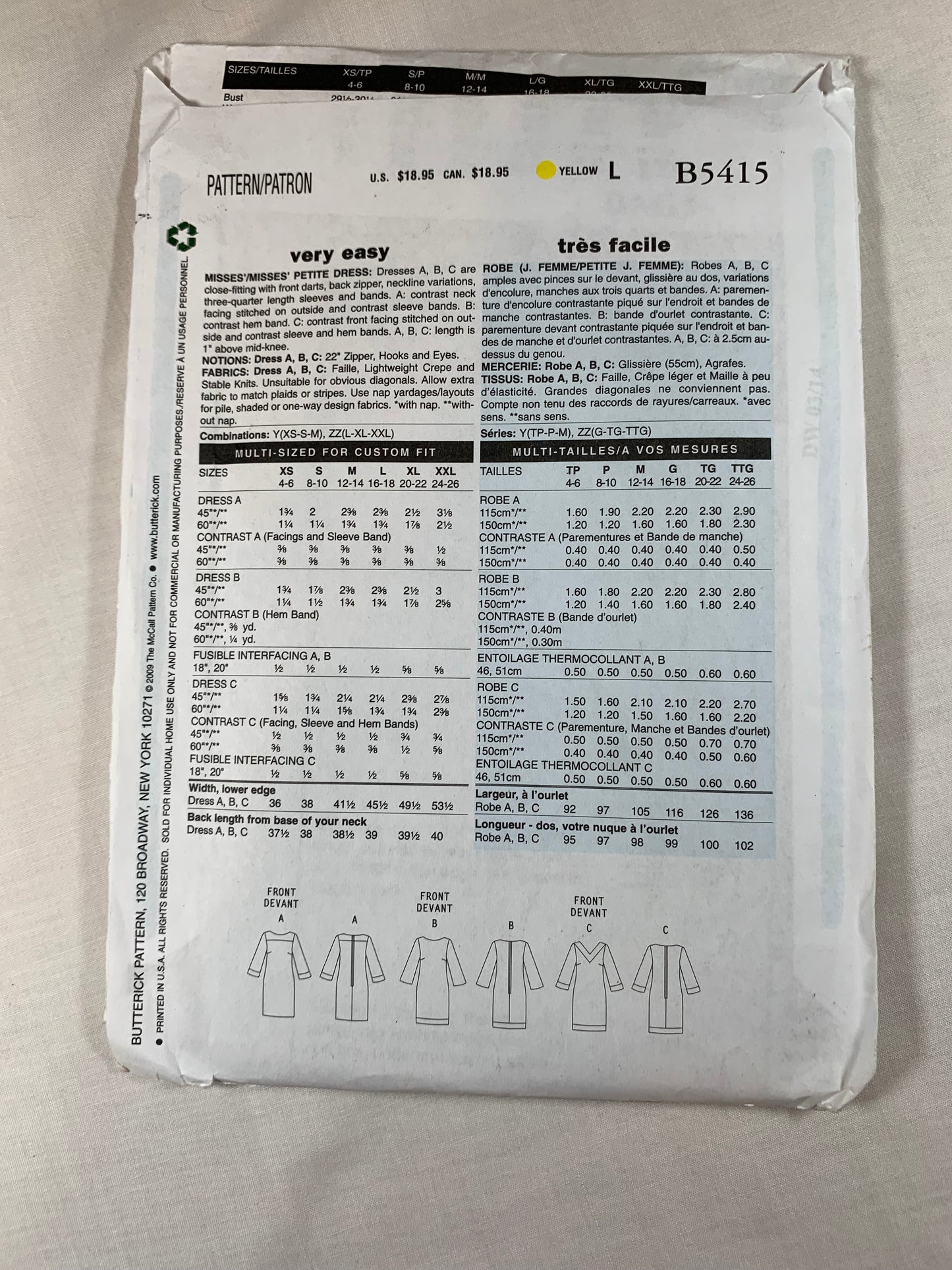 Butterick Sewing Pattern B5415 Misses'/Misses' Petite Dress, Close-Fitting, Zipper Back, Long Sleeves, Darts, Size 4-14, Uncut, 2009