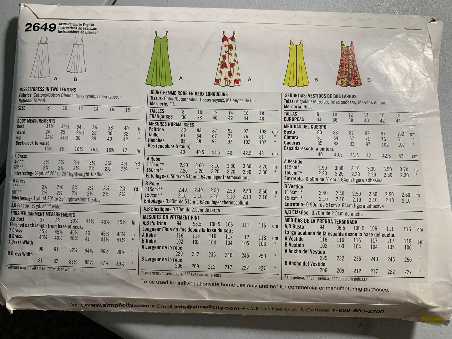 Simplicity Sewing Pattern 2649 Misses' Dresses, Sleeveless, Loose-Fitting, Darts, Size 8-18, Uncut, 2009