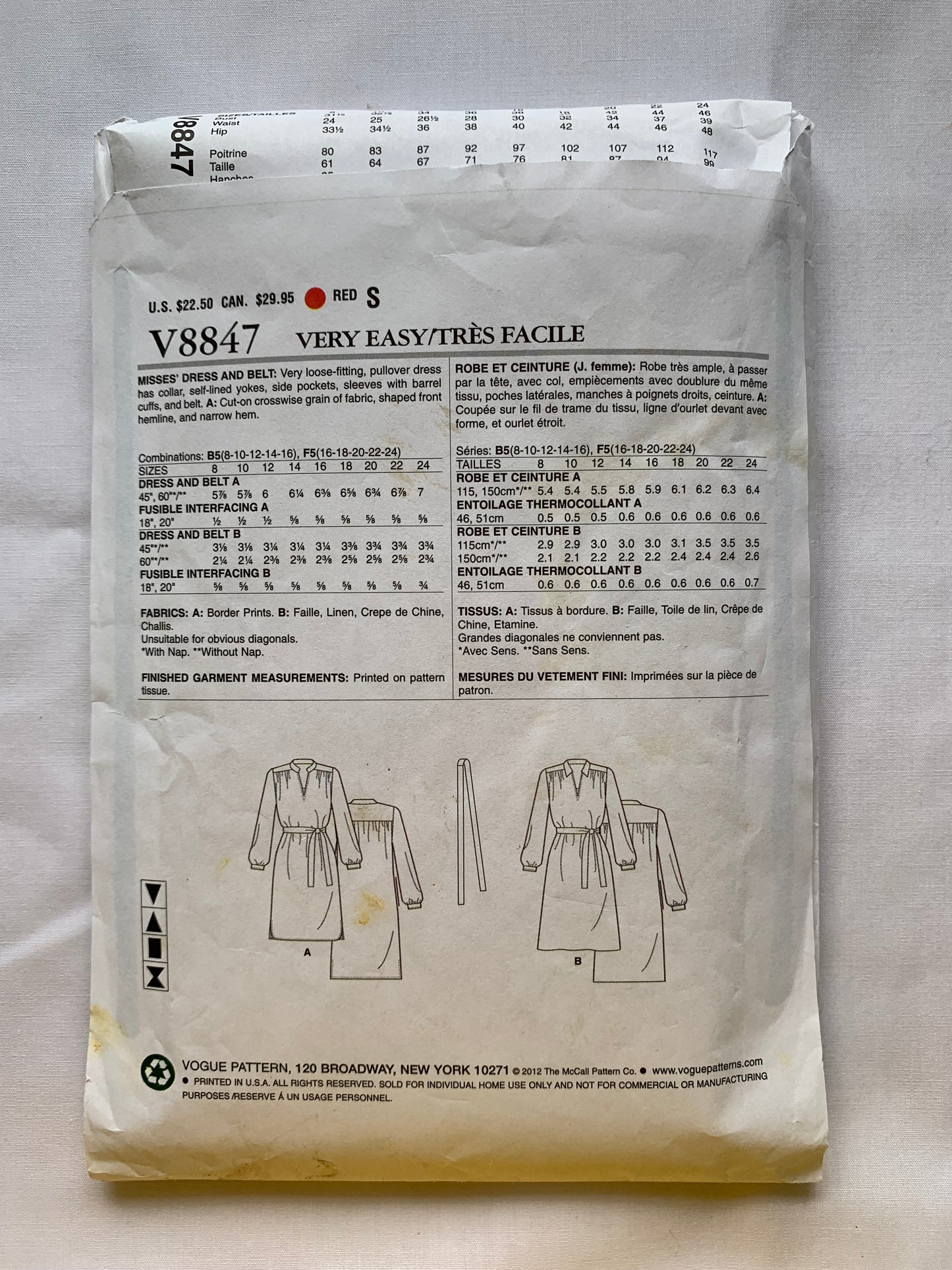 Vogue Sewing Pattern V8847 Misses' Dress, Loose-Fitting, Belt, Pullover, Long Sleeves, Collar, Pockets, Size 16-24, Cut, 2012