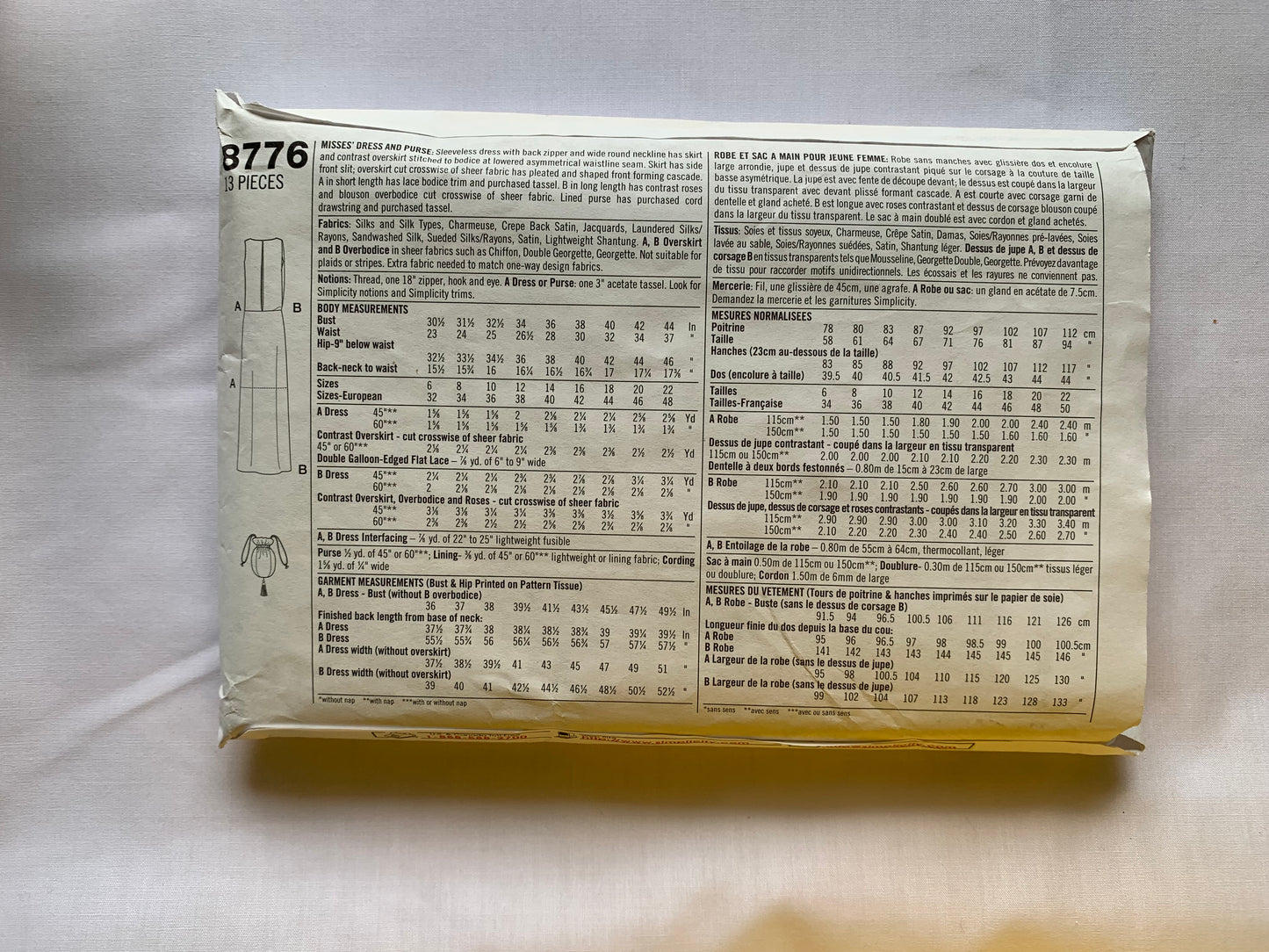 Simplicity Sewing Pattern 8776 Misses' Dress, Purse, Zipper Back, Overskirt, Drawstring, Sleeveless, Two Lengths, Size 12-14, Cut, Vintage 1999