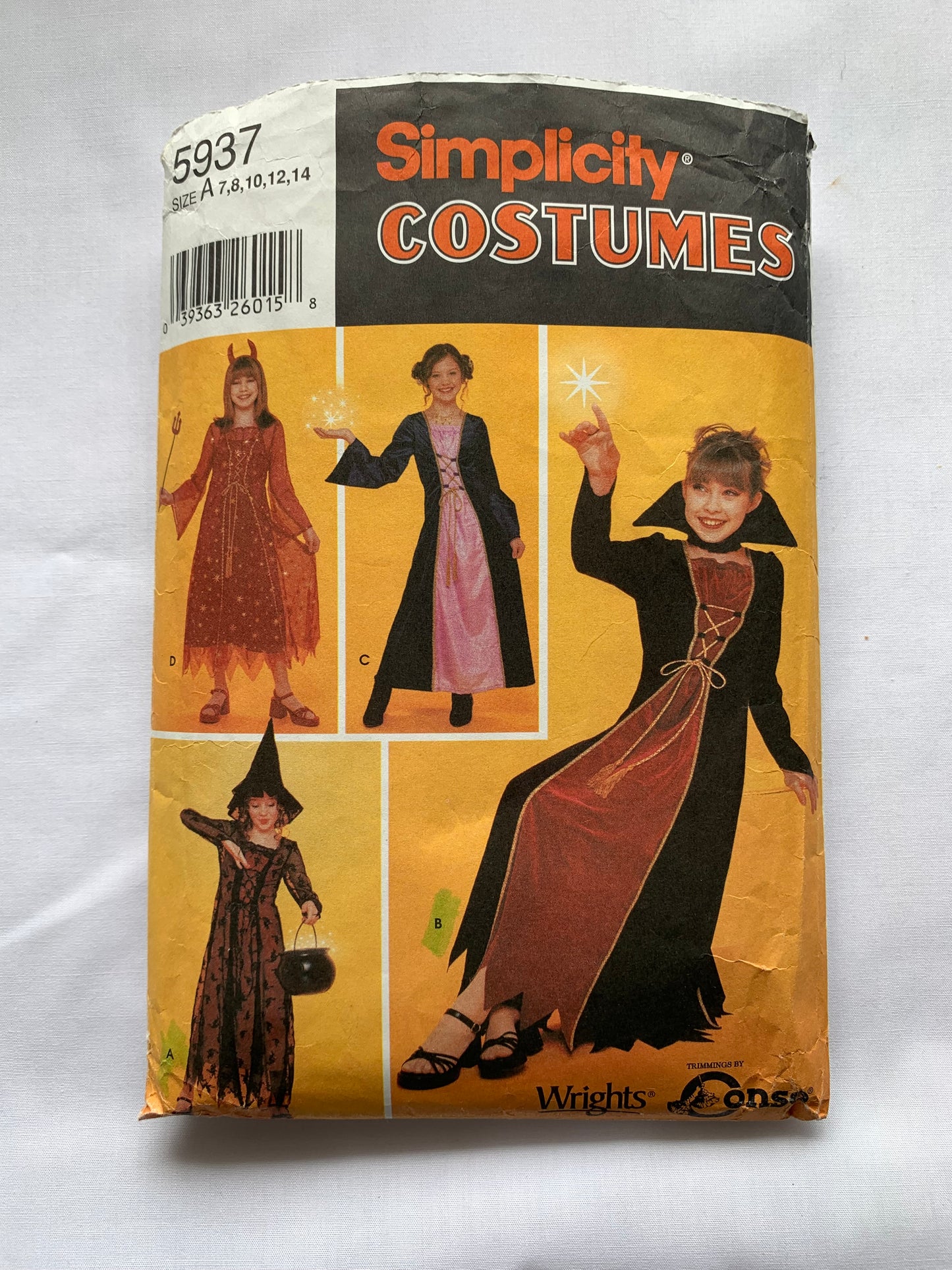 Simplicity Sewing Pattern 5937 Girls' Costume, Halloween, Devil, Vampire, Princess, Witch, Dress, Headband, Hat, Zipper Back, Size 7-10, Cut, Vintage 1989