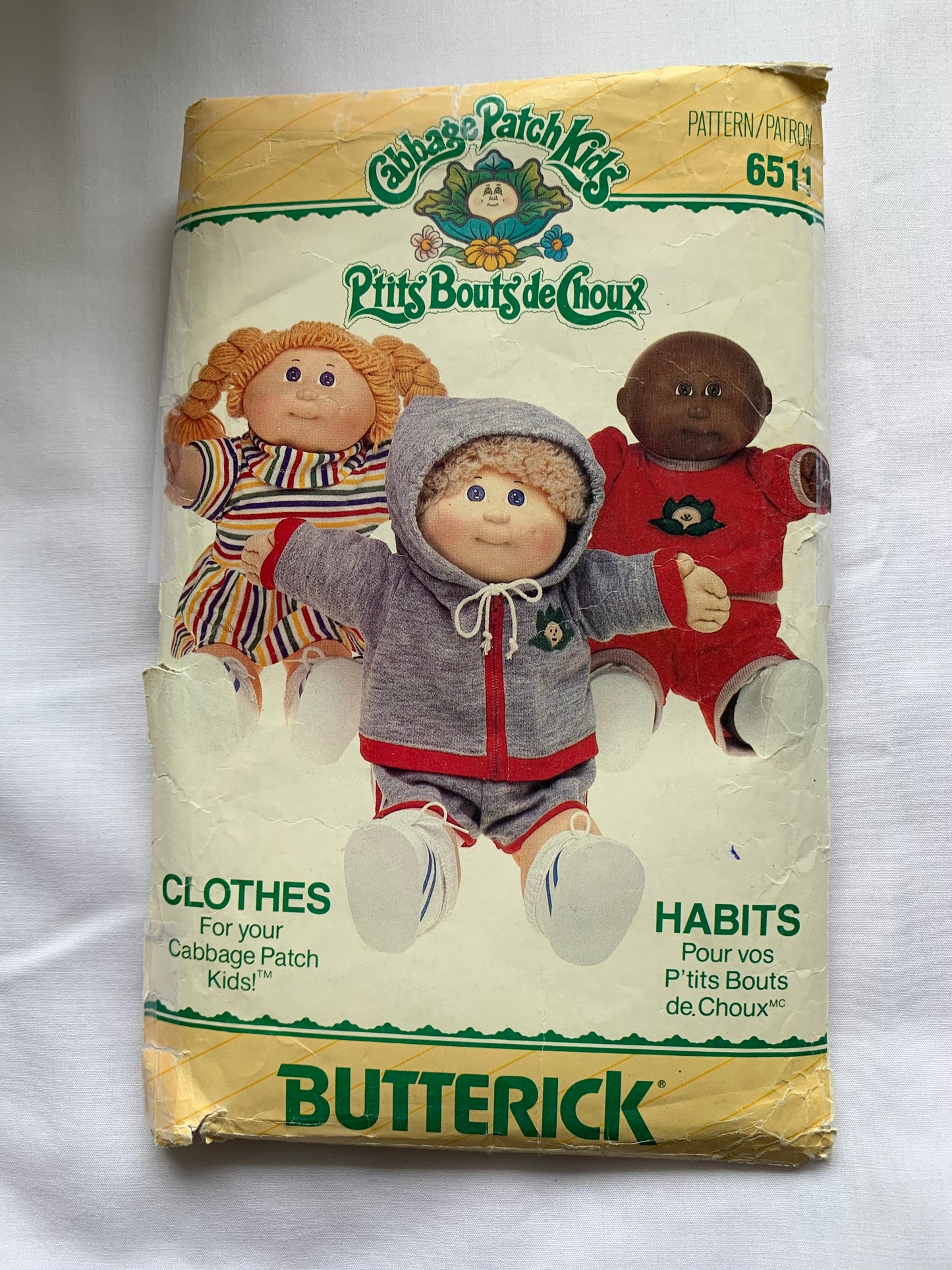 Butterick Sewing Pattern 6511 Cabbage Patch Doll Clothes, Hooded Jacket, Shorts, Pull-On, Zipper Front, Top, Pants, Dress, 16" Doll, Cut, Vintage 1986