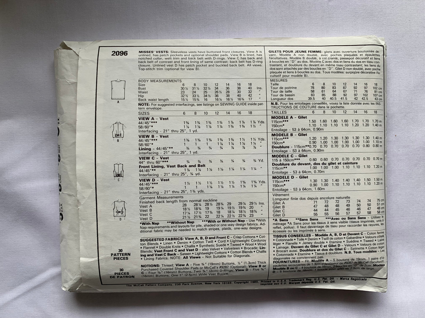 McCall's Sewing Pattern 2096 Misses' Vests, Button Front, Sleeveless, Darts, Tie Back, Loose-Fitting, Pockets, Size 12, Cut, Vintage 1985