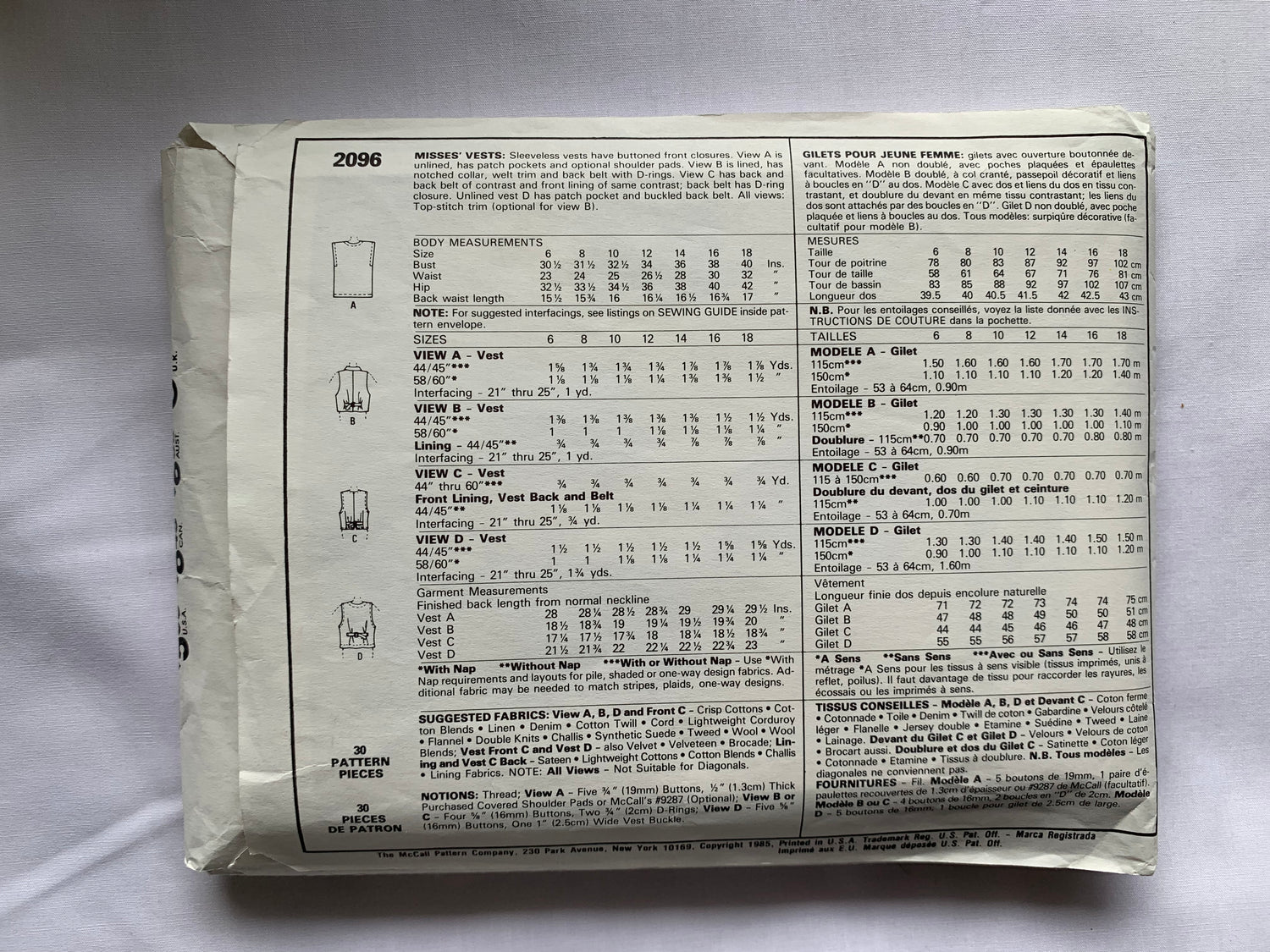 McCall's Sewing Pattern 2096 Misses' Vests, Button Front, Sleeveless, Darts, Tie Back, Loose-Fitting, Pockets, Size 12, Cut, Vintage 1985