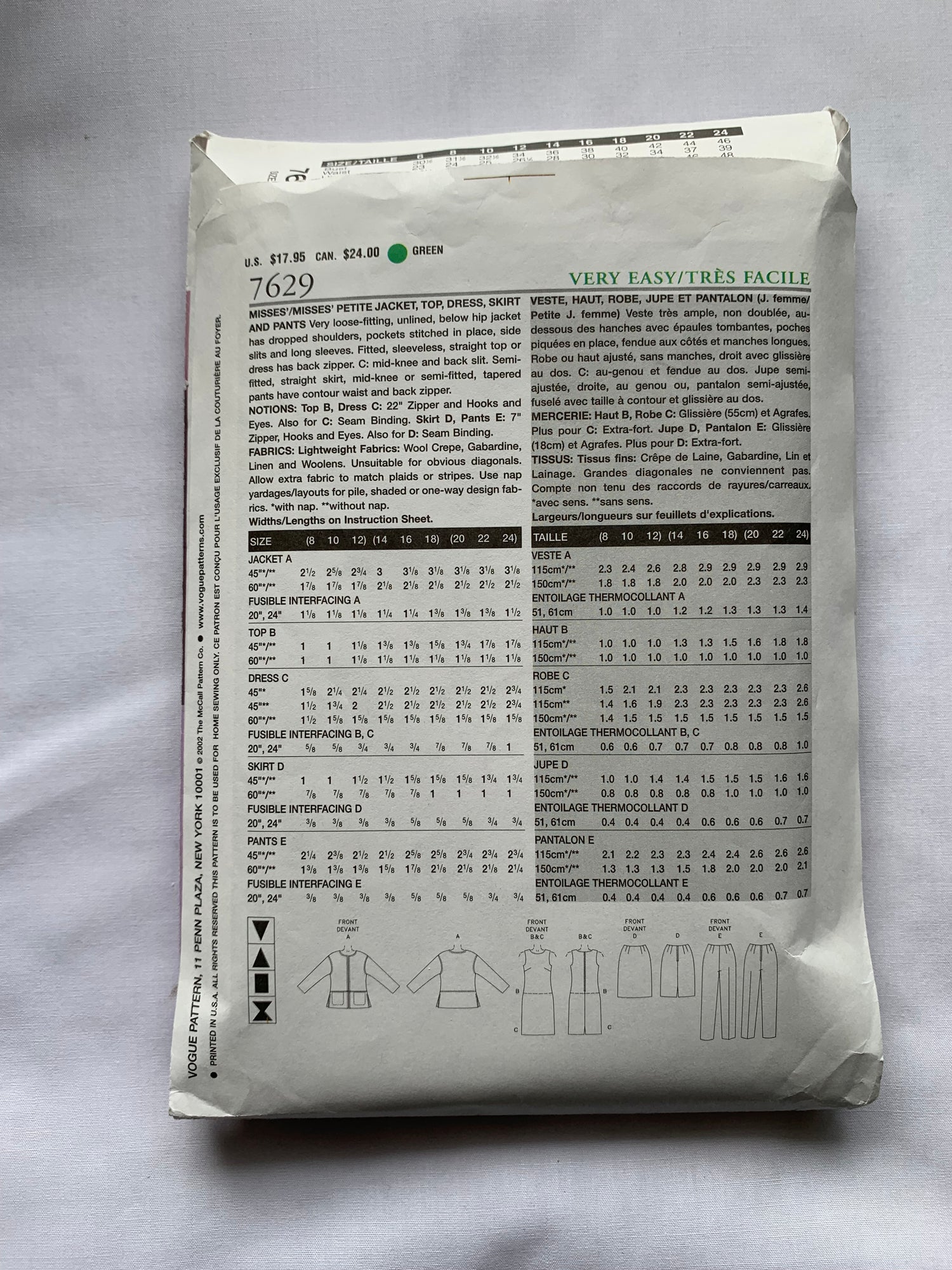 Vogue Sewing Pattern 7629 Misses'/Misses' Petite Jacket, Top, Skirt, Dress, Pants, Loose-Fitting, Unlined, Pockets, Fitted, Sleeveless, Size 14, Cut, 2002