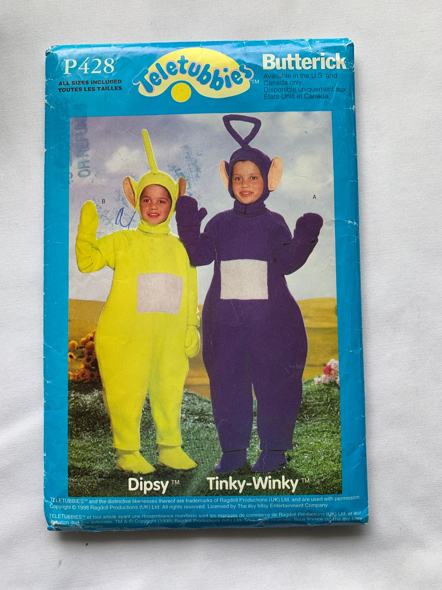 Butterick Sewing Pattern P428 Children's/Girls'/Boys' Teletubbies , Dipsy, Tinky-Winky, Loose-Fitting, Jumpsuit, Hood, Mittens, Boots, Antenna. Long Sleeves, Size 2, Cut, Vintage 1998