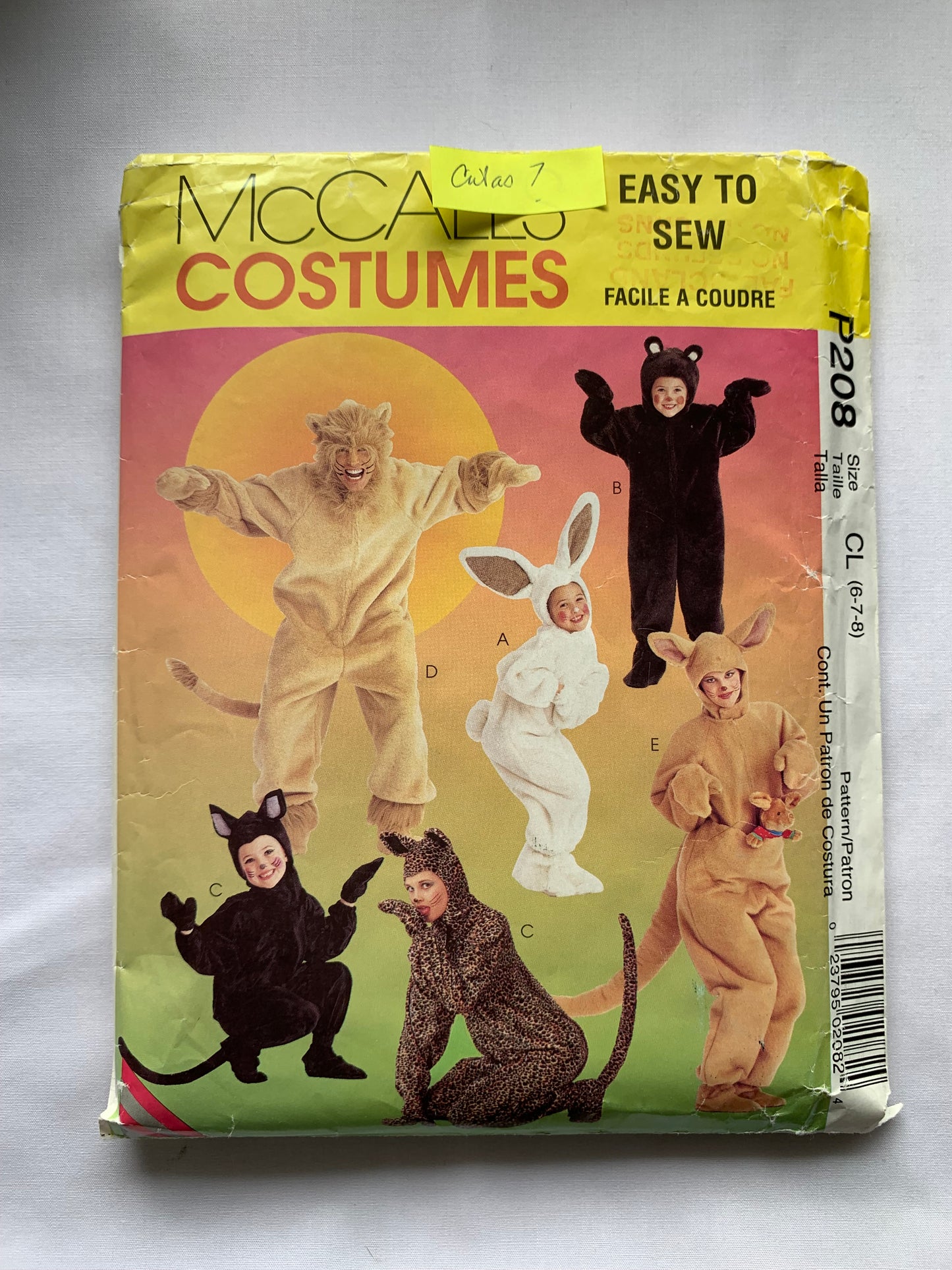 McCall's Sewing Pattern P208 Crafts Boys'/Girls, Animal Costumes Halloween, Lion, Bunny, Bear, Cat, Kangaroo, Hood, Mittens, Jumpsuits, Size 6-7, Cut, Vintage 1997