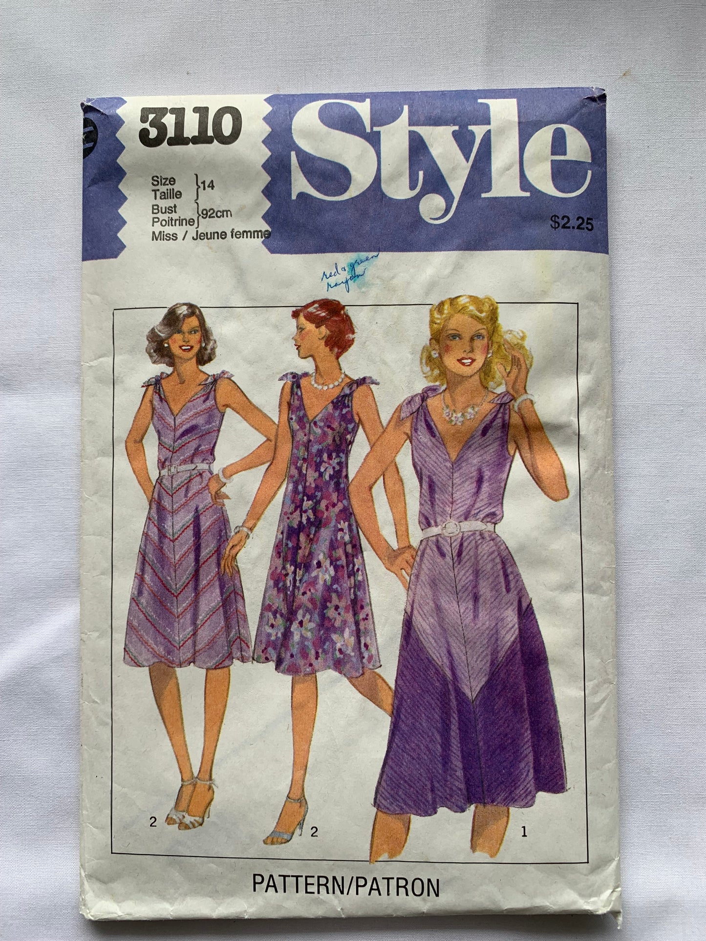 Style Sewing Pattern 3110 Misses' Dress, Below Knee Length, Sleeveless, 2 Variations, Shoulder Ties, Size 14, Cut, Vintage 1980