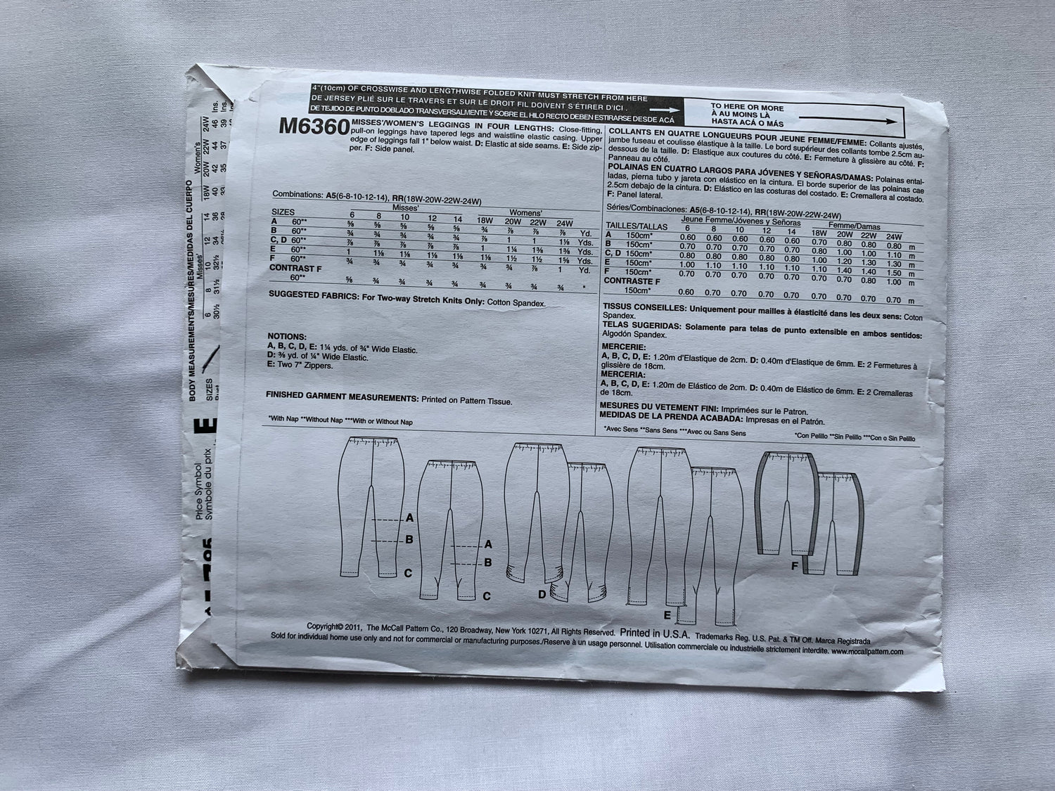 McCall's Sewing Pattern M6360 Misses' Leggings, Four Lengths, Close-Fitting, Pull-On, Elastic Waist, Side Panel, Size 6-12, Cut, 2011
