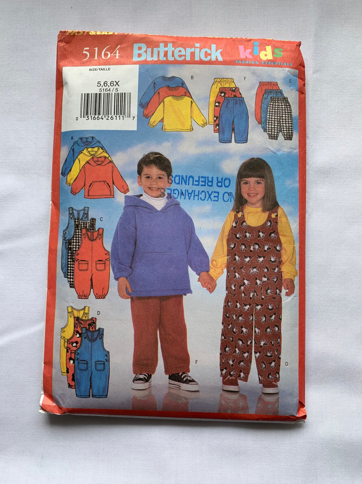 Butterick Sewing Pattern 5164 Girls'/Boys' Jacket, Pants, Overalls, Shoulder Straps, Pockets, Long Sleeves, Sleeveless, Size 5-6, Cut, 2001