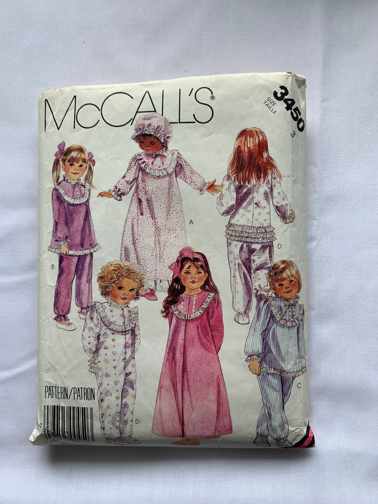 McCalls Sewing Pattern 3450 Girls' Nightgown, Button Front, Elastic Waist, Nightshirt, Bonnet, Pants, Tops, Robe, Soles, Sleepwear, Long Sleeves, Size 3, Cut, Vintage 1987