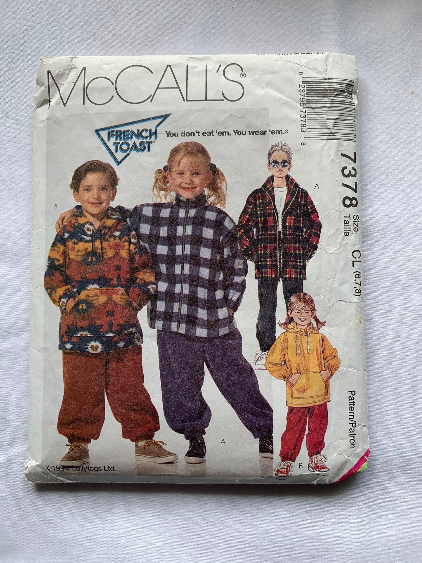 McCall's Sewing Pattern 7378, Children's/Boys'/Girls' Jacket, Top, Pull-On Pants, Loose-Fitting, Zipper Front, Elastic Waist, Size 6, Cut, Vintage 1994