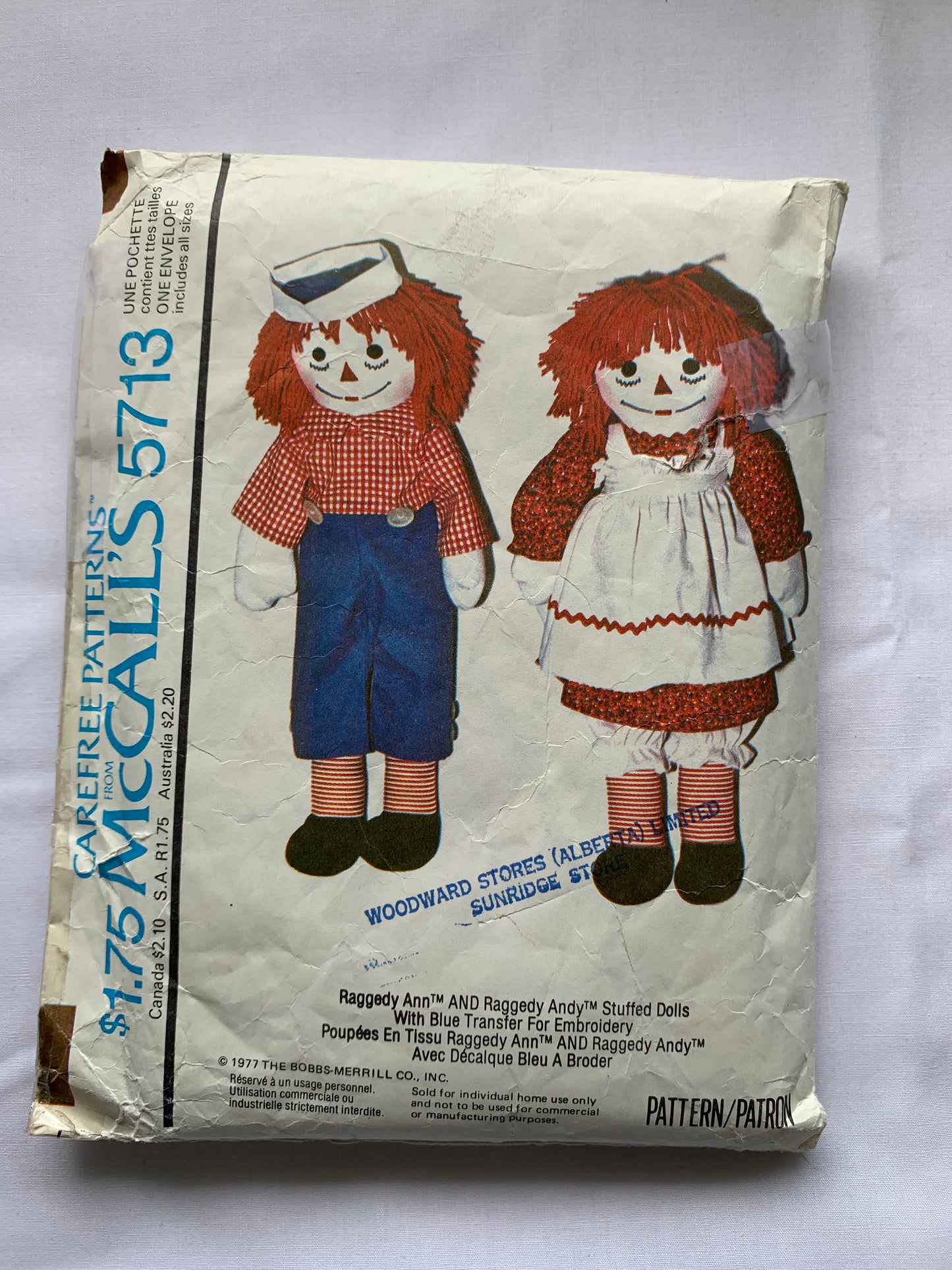 McCall's Sewing Pattern 5713 10-25 Inch Raggedy Ann, Andy Stuffed Dolls, Wardrobe, Dress, Apron, Panties, Pants, Cap Crown, Shirt, Uncut, Vintage 1995