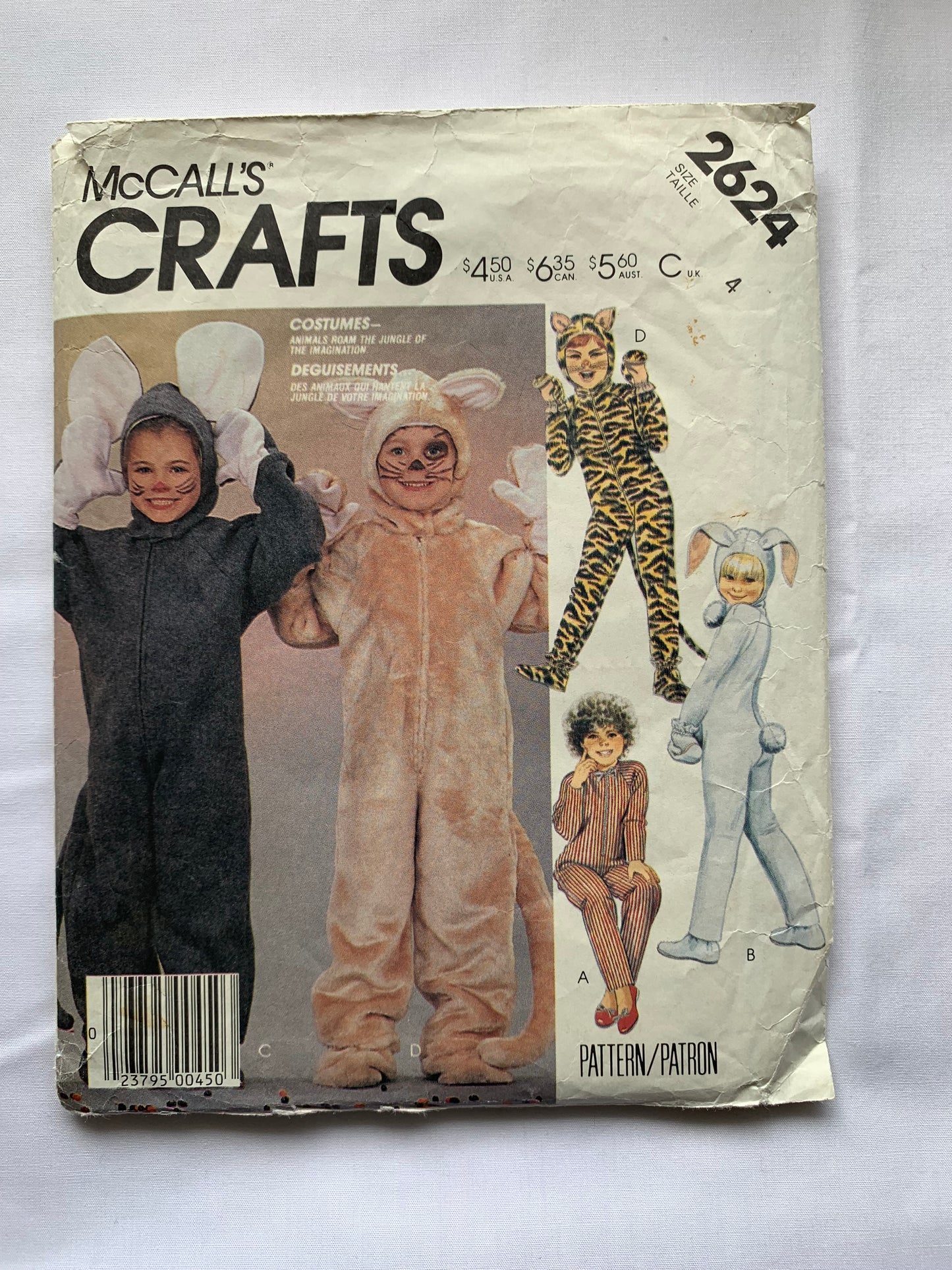 McCall's Sewing Pattern 2624 Crafts Toddlers'/Boys'/Girls, Animal Costumes Halloween, Head Piece, Mittens, Lion, Mouse, Bunny, Bear, Cat, Boots, Size 4, Cut, Vintage 1986 Media 1 of 2