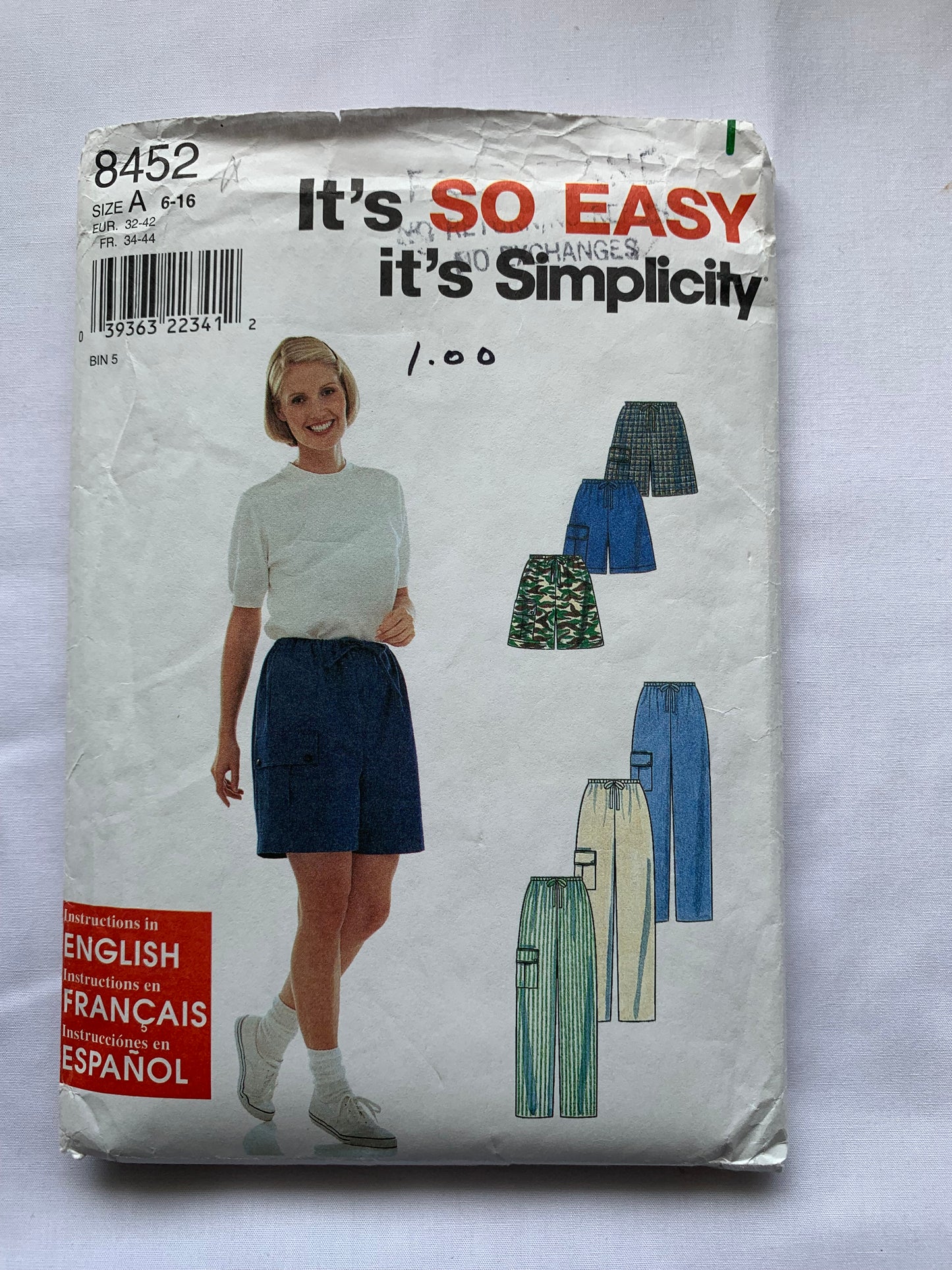 Simplicity Sewing Pattern 8452 Misses' Pants Shorts, Pull-On, Elastic Waist, Pockets, Size 10-20, Uncut, Vintage 1990