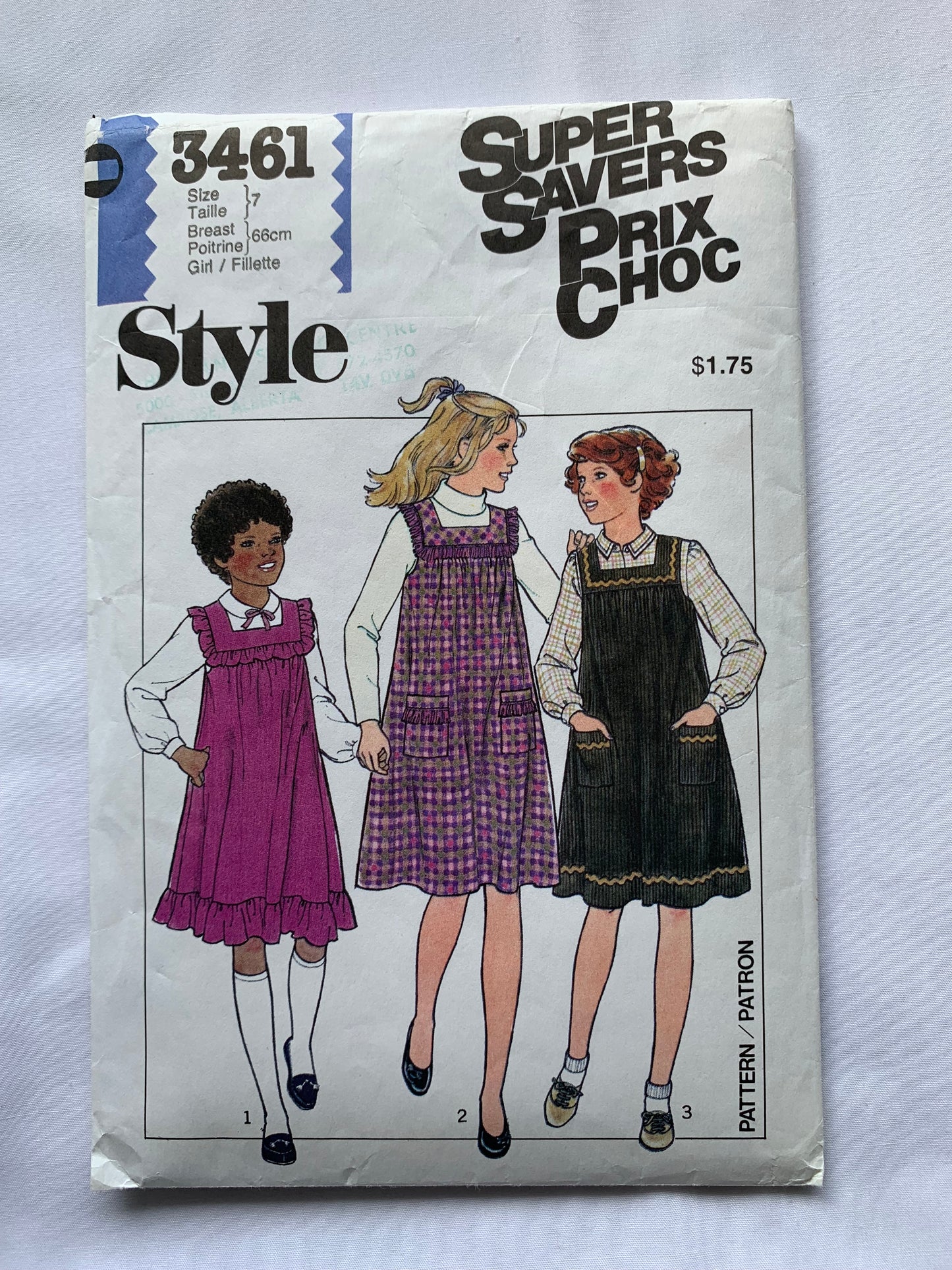 Style Sewing Pattern 3461 Girls' Dress, Pinafore, Pockets, Square Neckline, Ruffles, 3 Variations, Sleeveless, Size 7, Cut, Vintage 1981