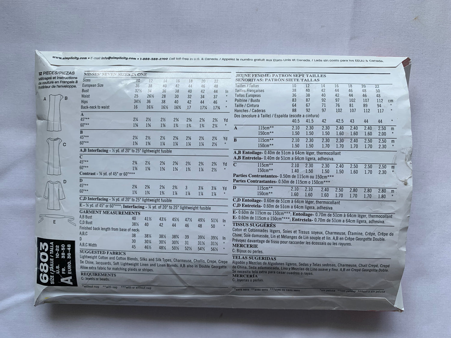 Simplicity New Look Sewing Pattern 6803 Misses' Dress, Tunic, Sleeveless, Long/Short Sleeves, Two Lengths, 5 Variations, Size 10-22, Cut, 2011