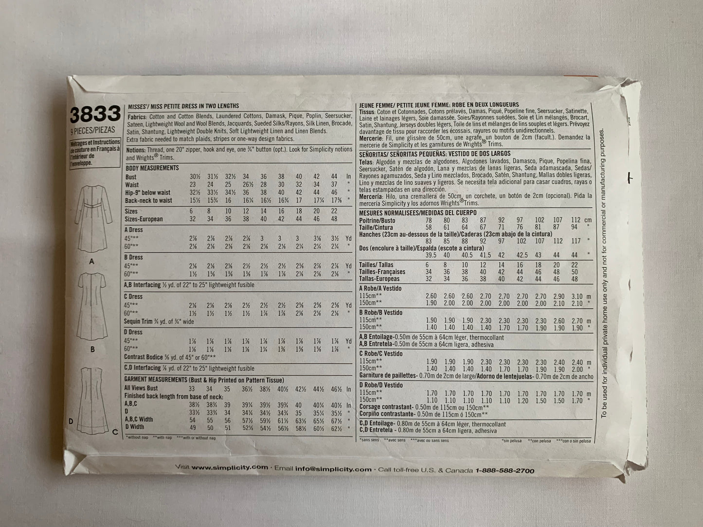 Simplicity Sewing Pattern 3833 Misses'/Miss Petite Dress, Two Lengths, Long/Short Sleeves, Sleeveless Size 6-14, Cut, 2007