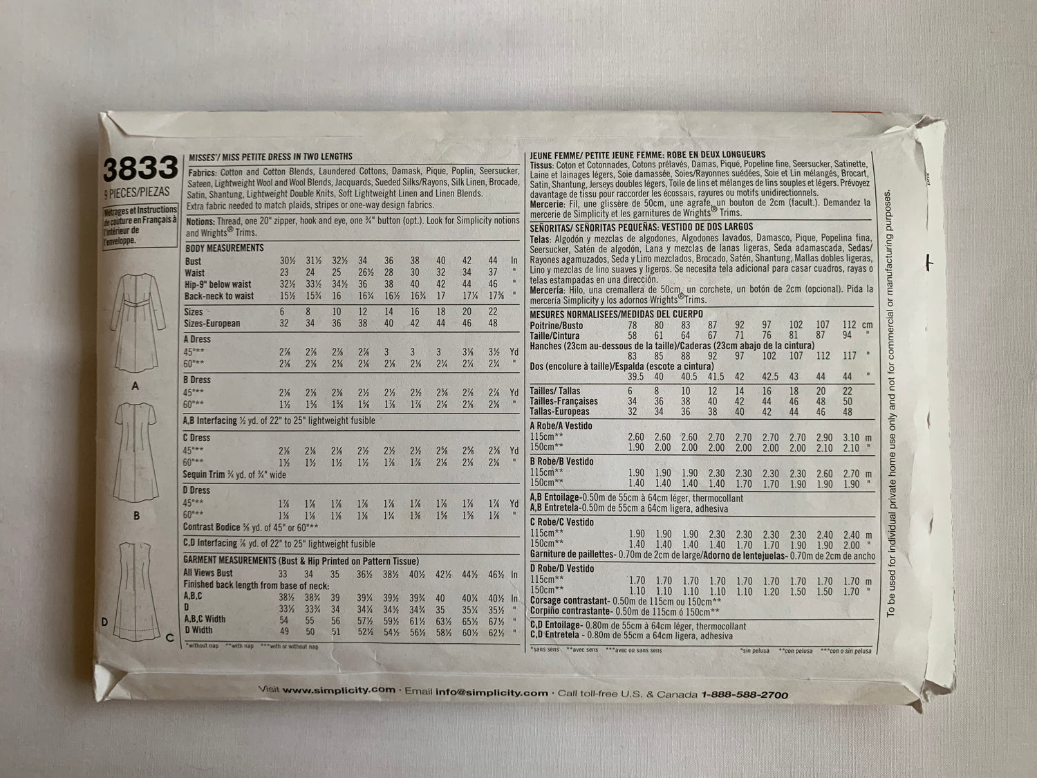 Simplicity Sewing Pattern 3833 Misses'/Miss Petite Dress, Two Lengths, Long/Short Sleeves, Sleeveless Size 6-14, Cut, 2007