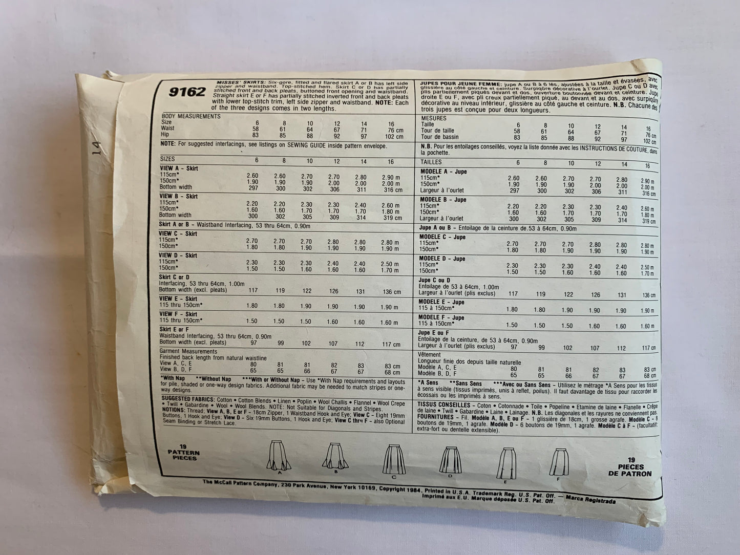 McCall's Sewing Pattern 9162 Misses' Skirt, Button Front, Side Zipper, Two Lengths, Fitted, Pleats, Waistband, 6 Variations, Cut, Size 14, Vintage 1984