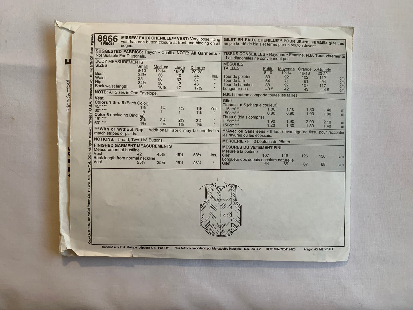 McCall's Sewing Pattern 8866 Misses' Faux Chenille Vest, Loose-Fitting, Button Front, Sleeveless, Size 8-18, Cut, Vintage 1997