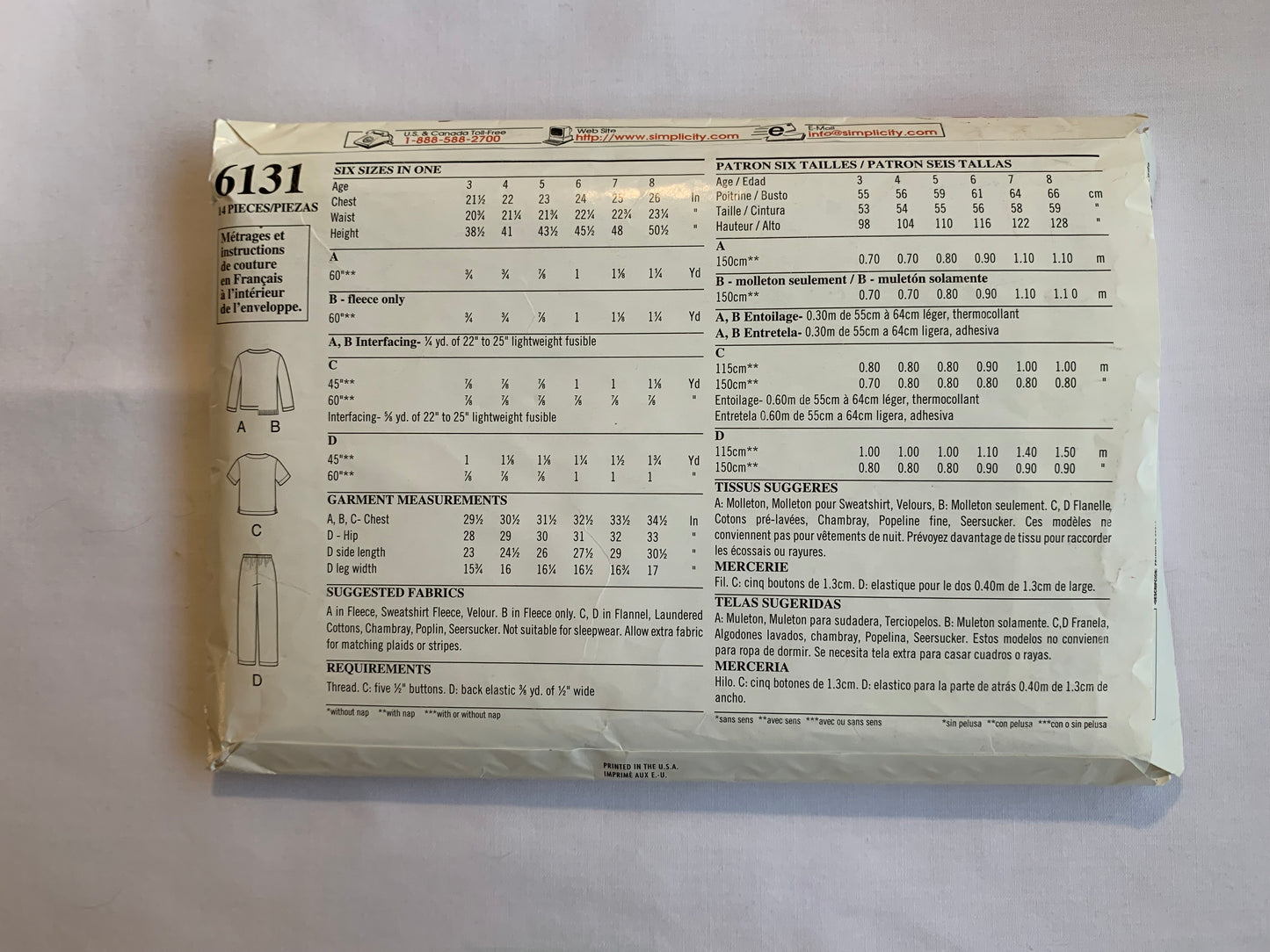 Simplicity New Look 6131 Boys'/Girls' Pajamas, Tops, Pants, Pockets, Button Front, Loungewear, Size 3-8, Cut, 2001