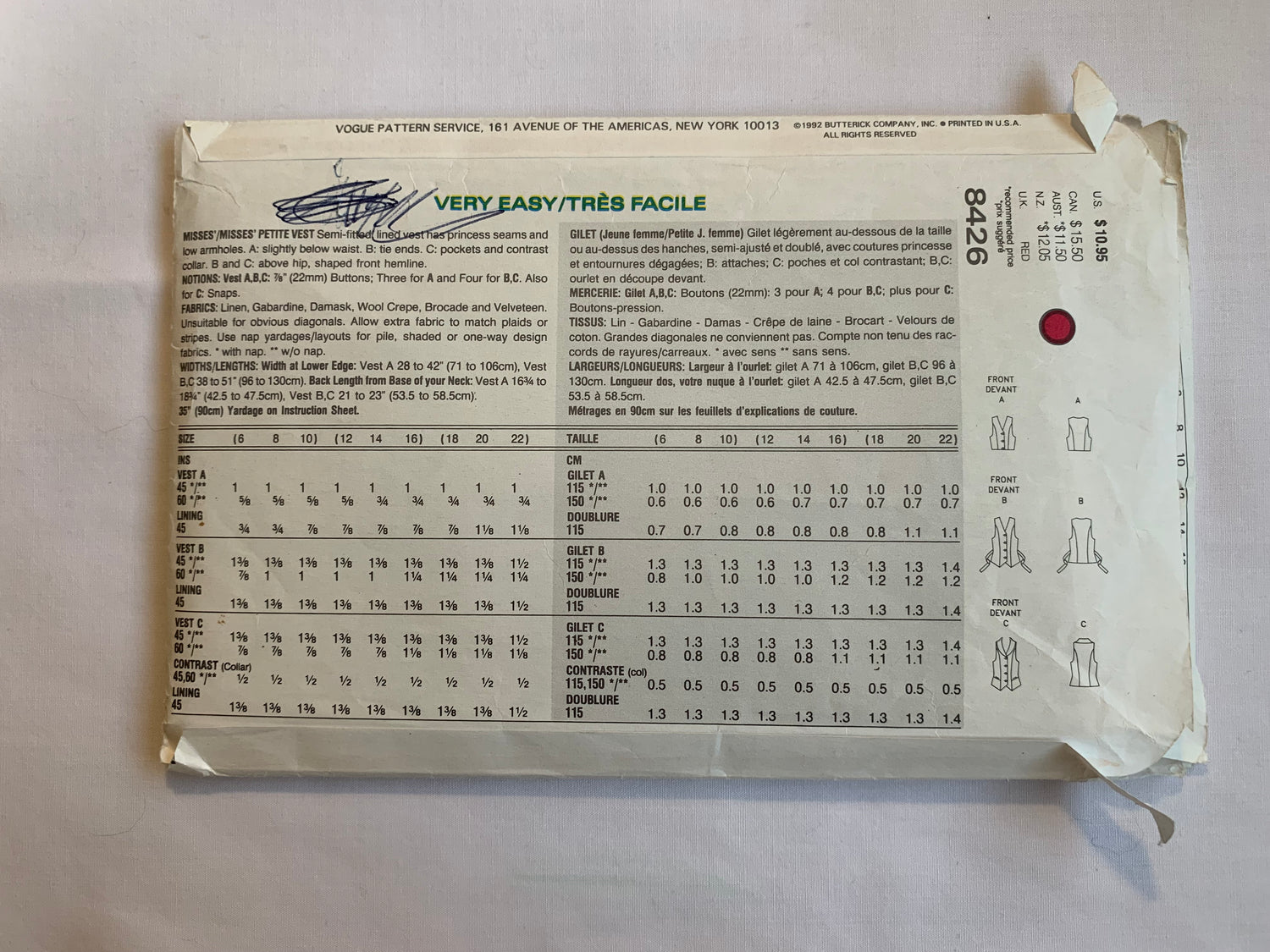 Vogue Sewing Pattern 8426 Misses'/Misses' Petite Vest, Semi-Fitted, Princess Seams, Sleeveless, Pockets, Button Front, 3 Variations, Cut, Size 12-16, Vintage 1992