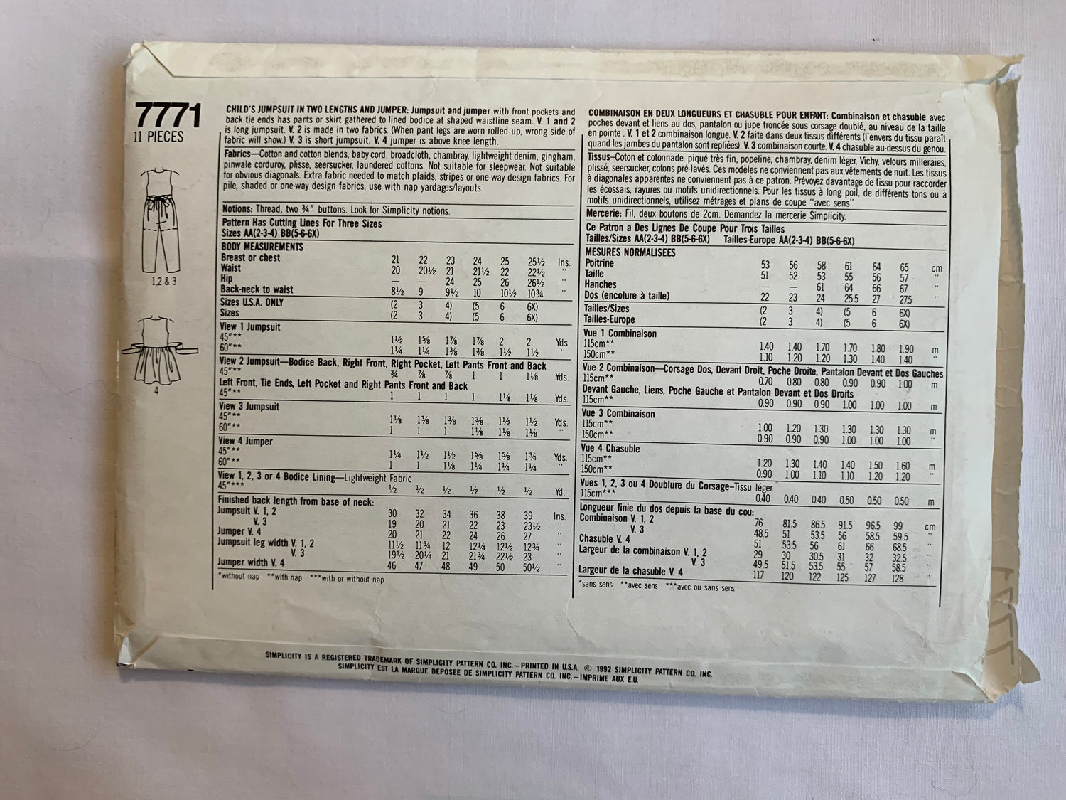 Simplicity Sewing Pattern 7771 Girls' Jumpsuit, Jumpers, Two Lengths, Pockets, Tie Back, Size 2-4, Cut, Vintage 1992