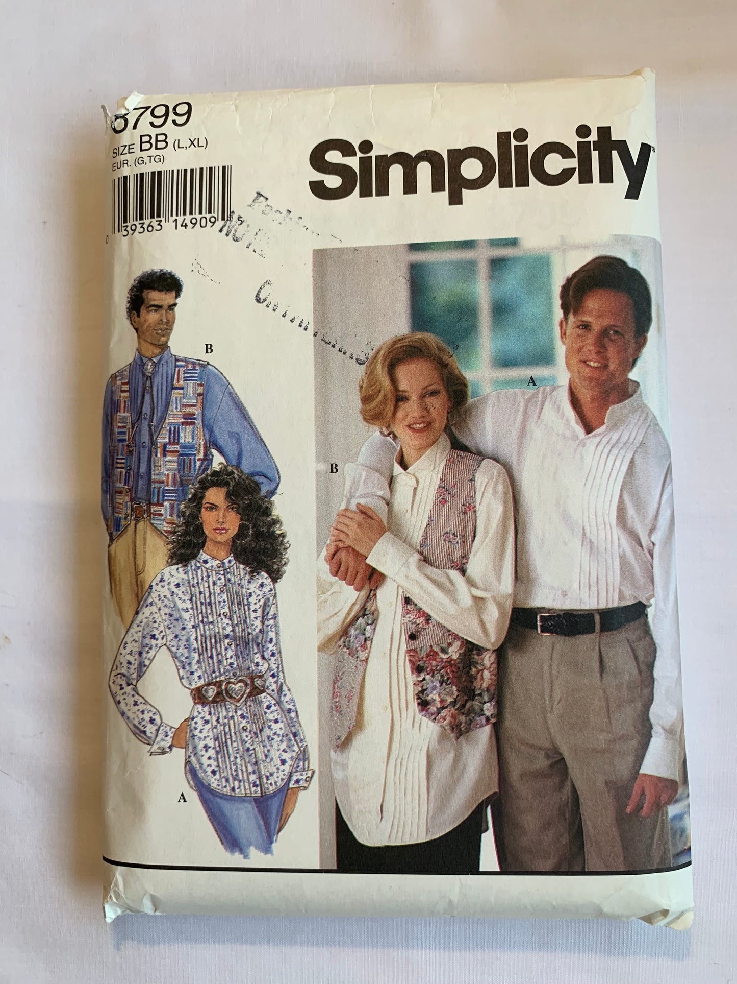Simplicity Sewing Pattern 8799 Misses'/Men's/Teens' Tuxedo Shirt, Lined Vest, Pleats, Long Sleeves, Tucks, Size 42-48, Cut, Vintage 1998