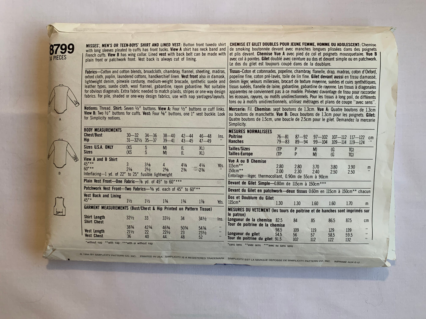 Simplicity Sewing Pattern 8799 Misses'/Men's/Teens' Tuxedo Shirt, Lined Vest, Pleats, Long Sleeves, Tucks, Size 42-48, Cut, Vintage 1998
