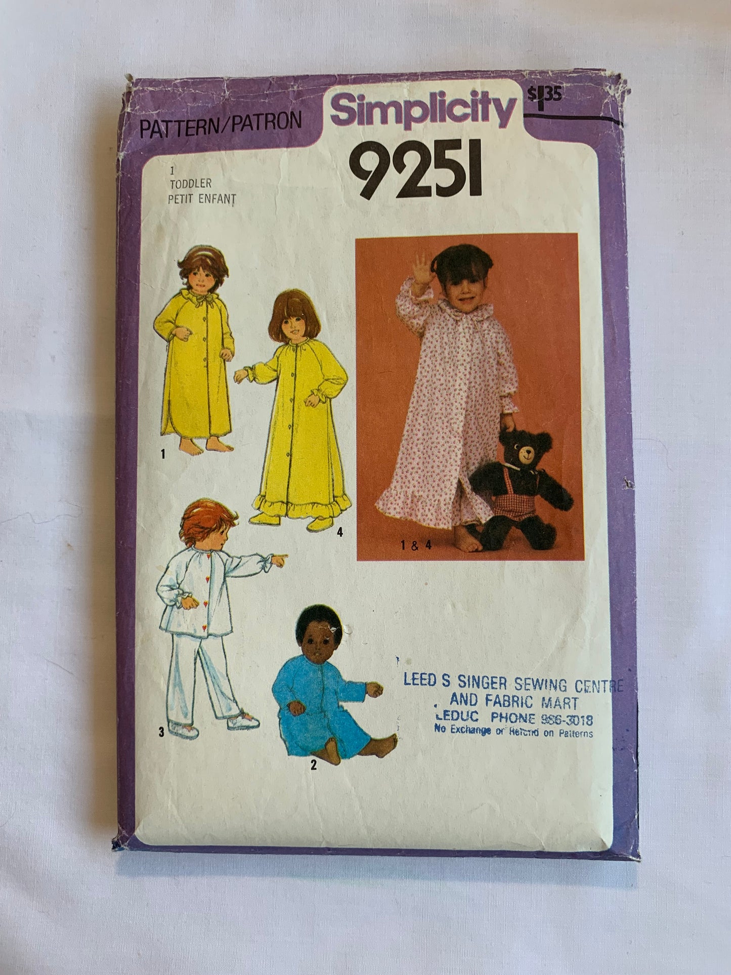 Simplicity Sewing Pattern 9251 Toddlers' Girls' Pajamas, Top, Pants, Long Raglan Sleeves, Button Front. Nightgown, Size 1, Cut, Vintage 1979