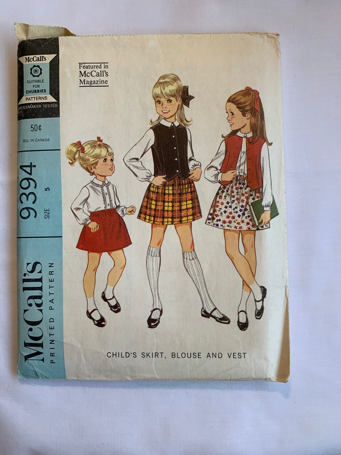 McCall's Sewing Pattern 9394 Girls' Skirt, Blouse, Vest, Button Front, Pull-On, Long Sleeves, Sleeveless, Elastic Waist, Size 5, Cut, Vintage 1968