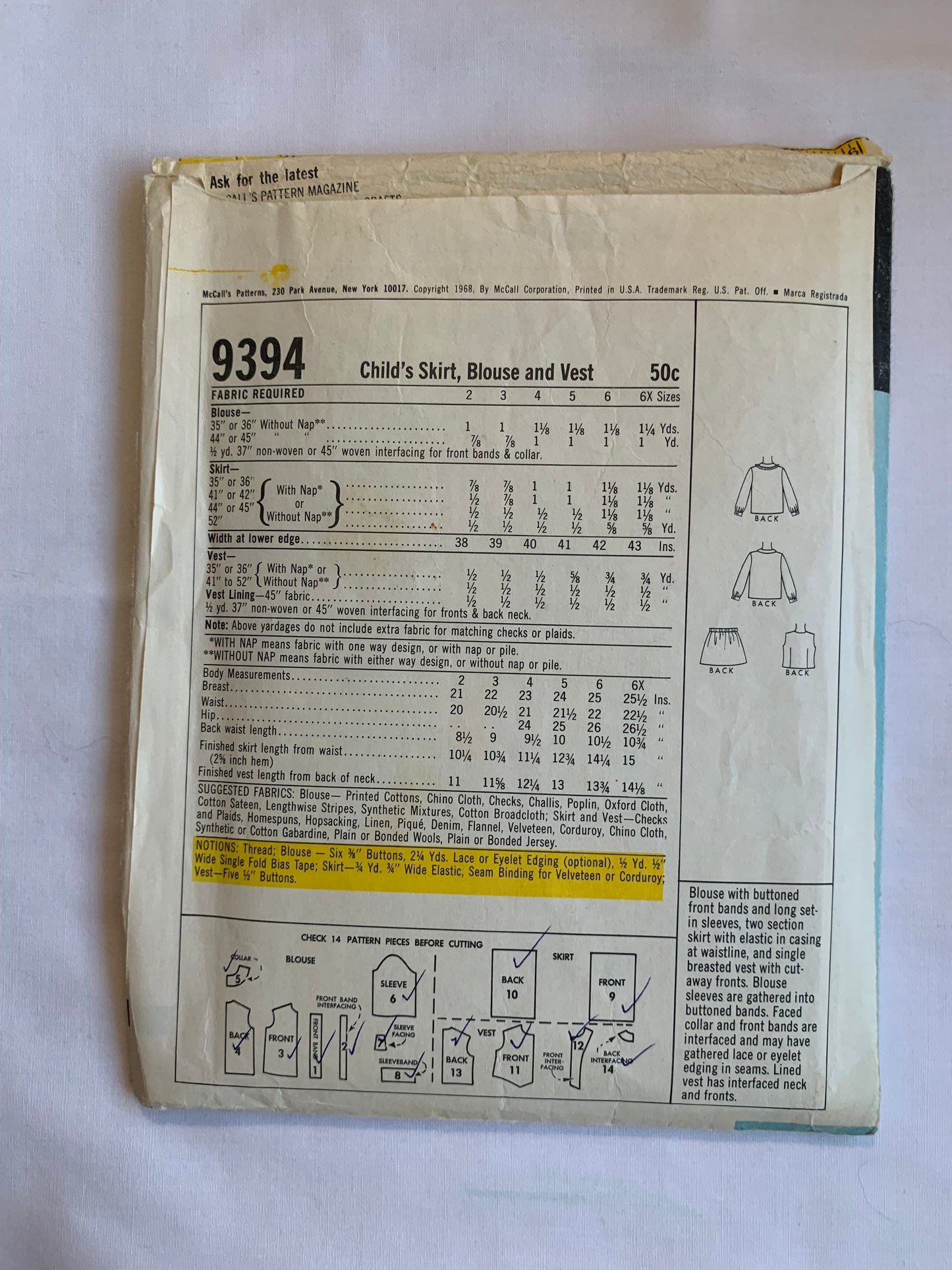 McCall's Sewing Pattern 9394 Girls' Skirt, Blouse, Vest, Button Front, Pull-On, Long Sleeves, Sleeveless, Elastic Waist, Size 5, Cut, Vintage 1968