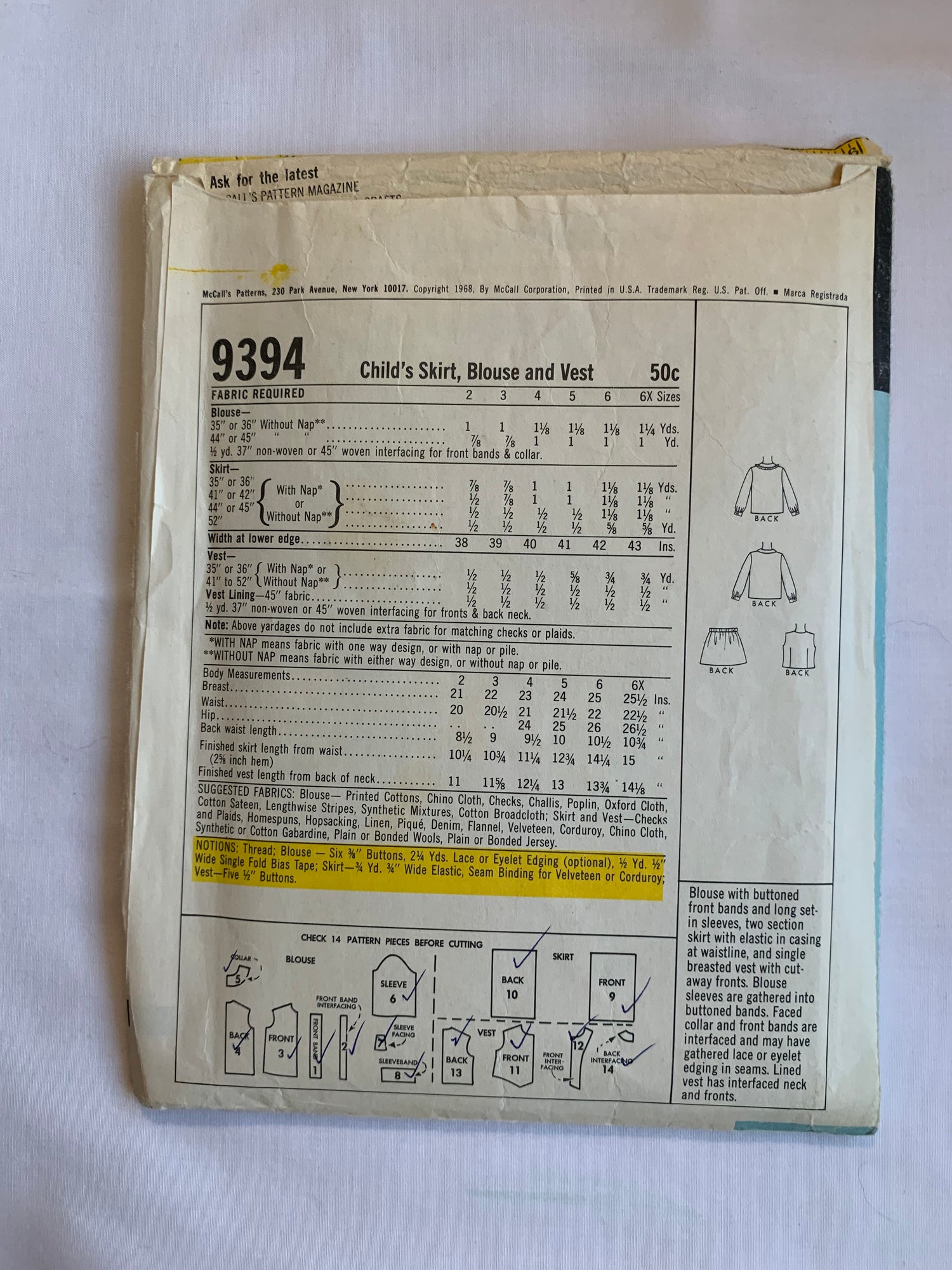 McCall's Sewing Pattern 9394 Girls' Skirt, Blouse, Vest, Button Front, Pull-On, Long Sleeves, Sleeveless, Elastic Waist, Size 5, Cut, Vintage 1968