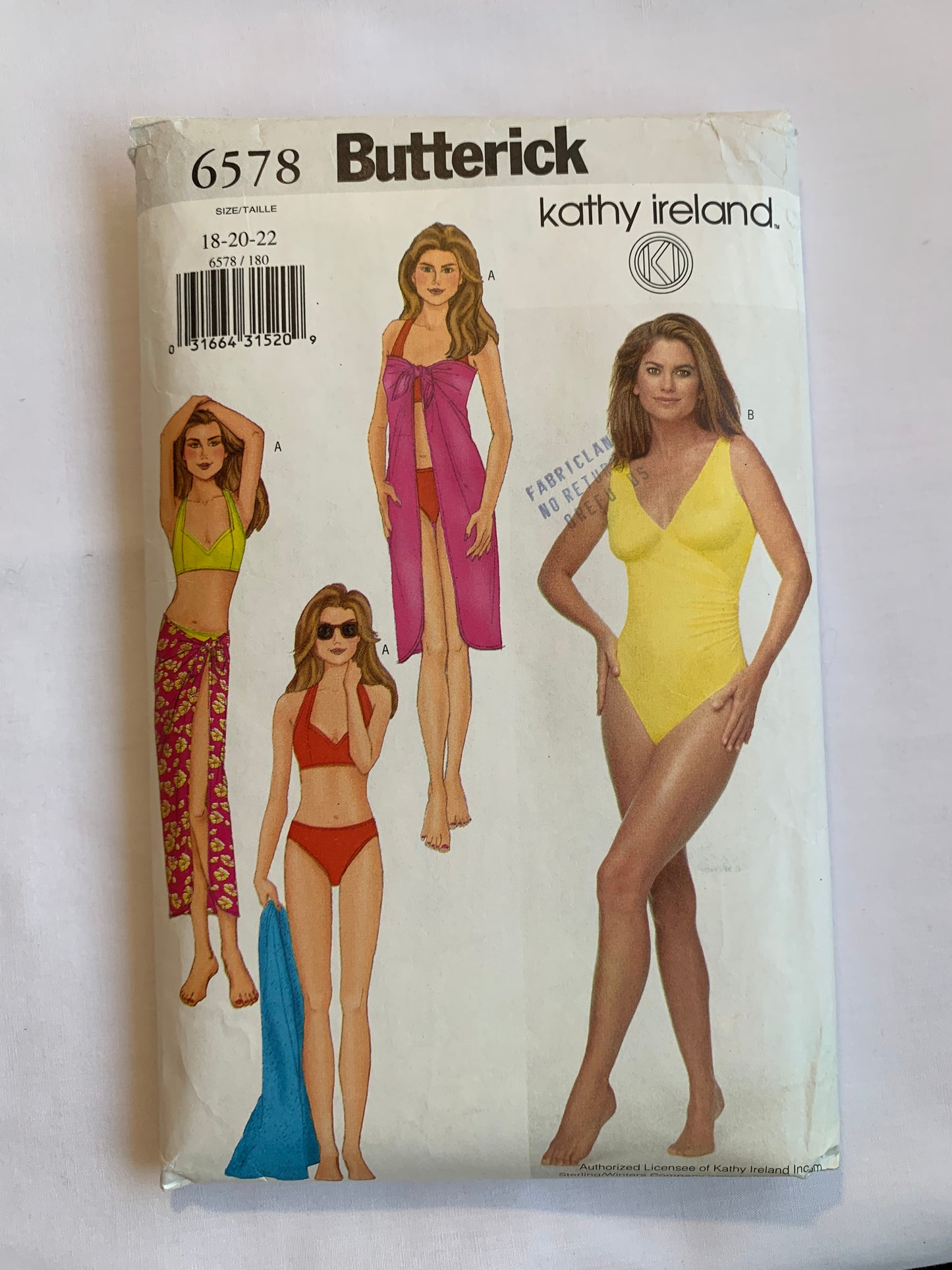 Butterick Sewing Pattern 6578 Misses' Top, Bikini Briefs, Bathing Suit, Pareo, Close-Fitting, Halter, Princess Seams, Size 18-22, Cut, 2000