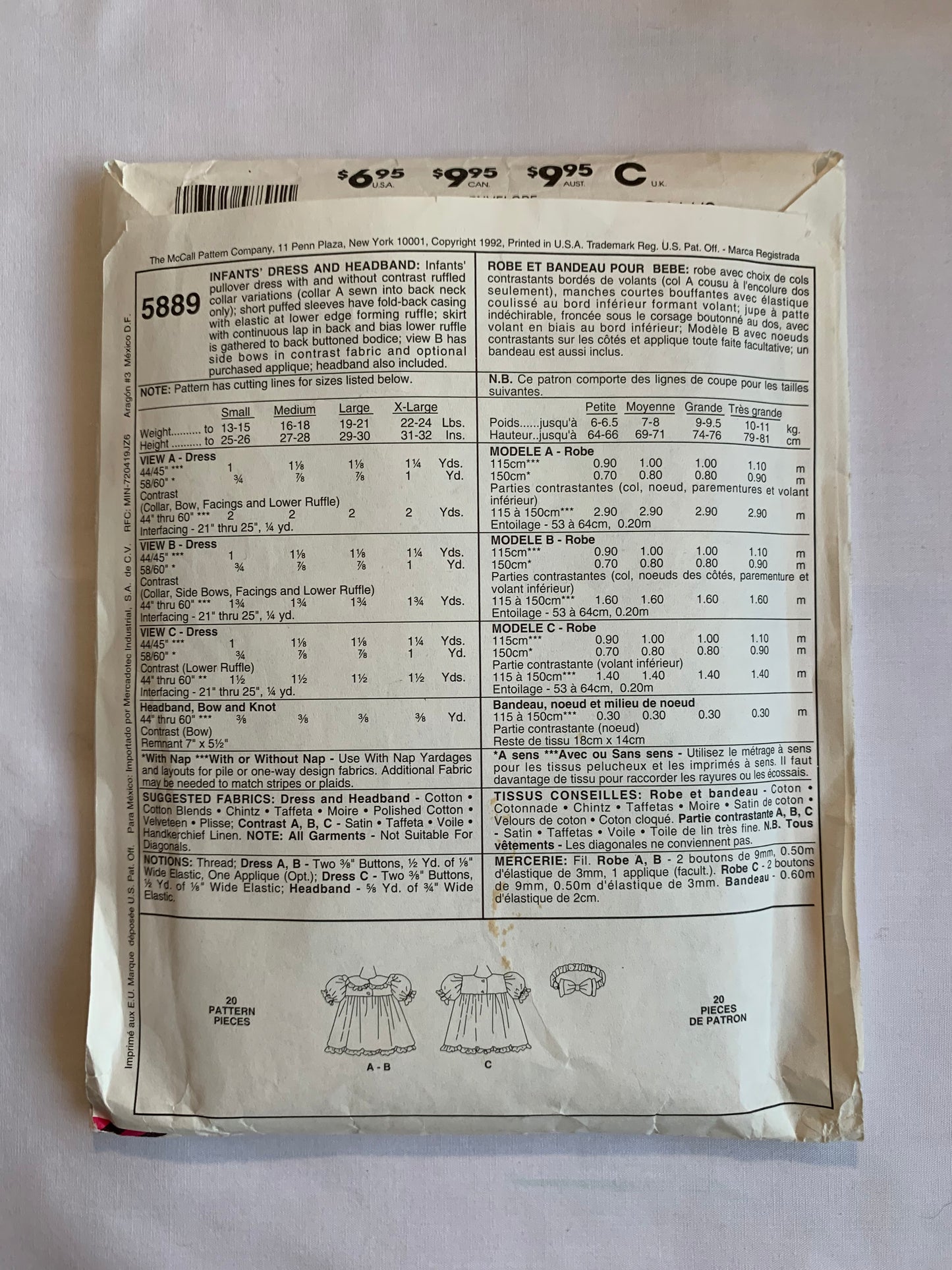 McCall's Sewing Pattern 5889 Infant/Girls' Dress, Headband, Pullover, Ruffles, Short Puffed Sleeves, Button Back, Size 13-24 Lbs, Cut, Vintage 1992