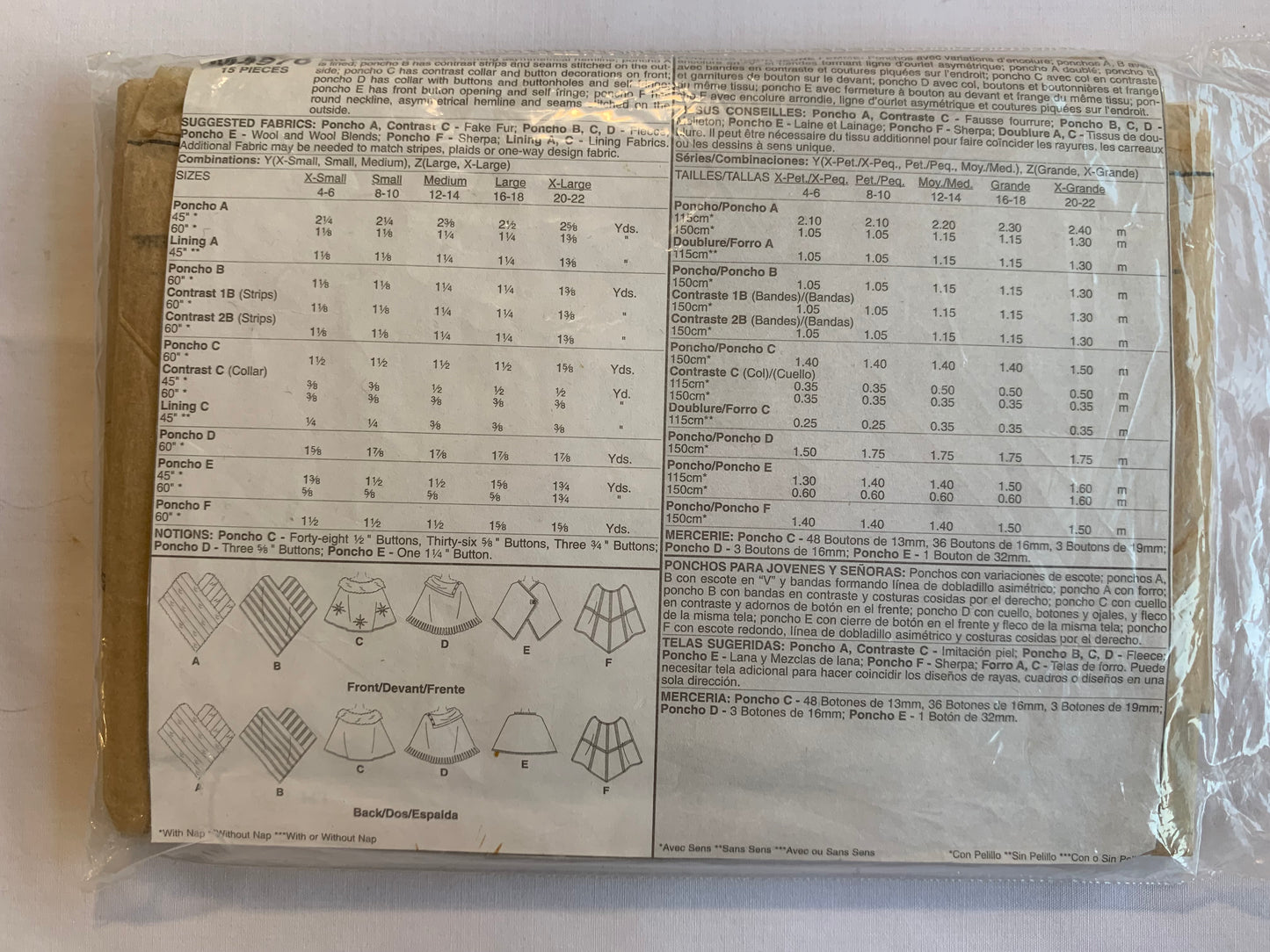 McCall's Sewing Pattern M4976 Misse's Ponchos, Neck Variations, 6 Variations, Collar, Fringe, Size 16-22, Cut, 2006