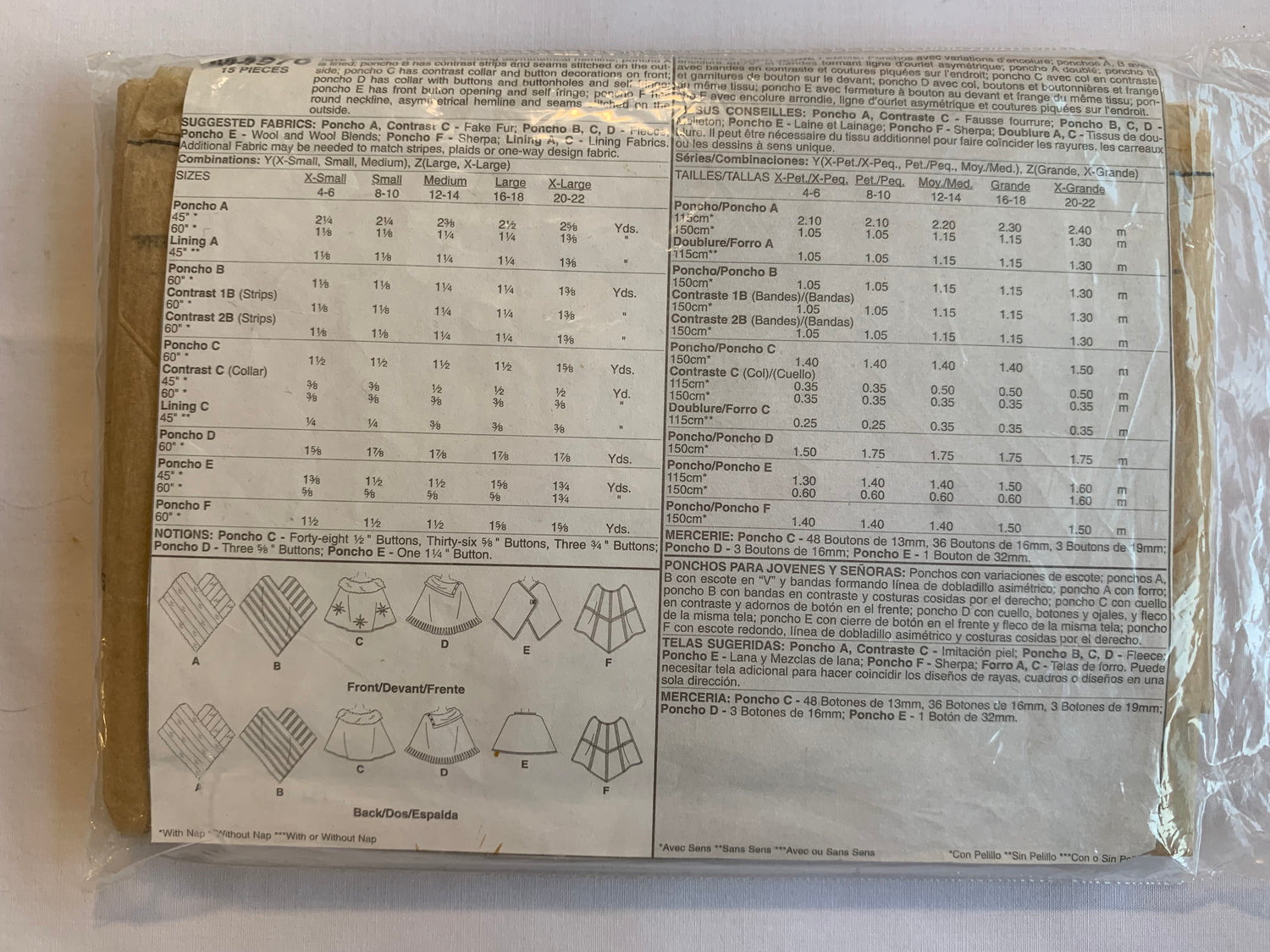 McCall's Sewing Pattern M4976 Misse's Ponchos, Neck Variations, 6 Variations, Collar, Fringe, Size 16-22, Cut, 2006