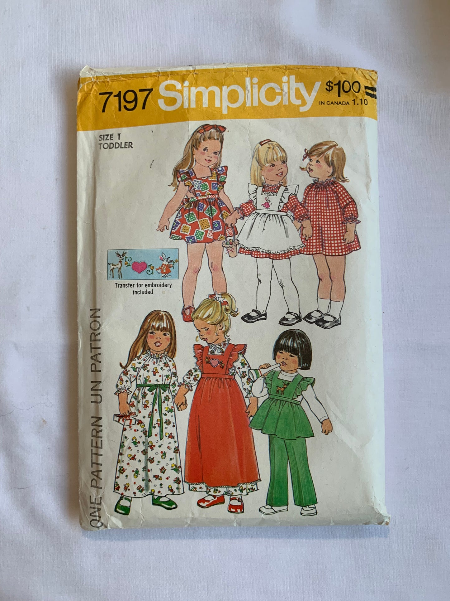 Simplicity Sewing Pattern 7197 Toddlers' Dress, Pinafore, Two Lengths, Pants, Tie Back, Button Back, Long/Short Sleeves, Size 1, Cut, Vintage 1975