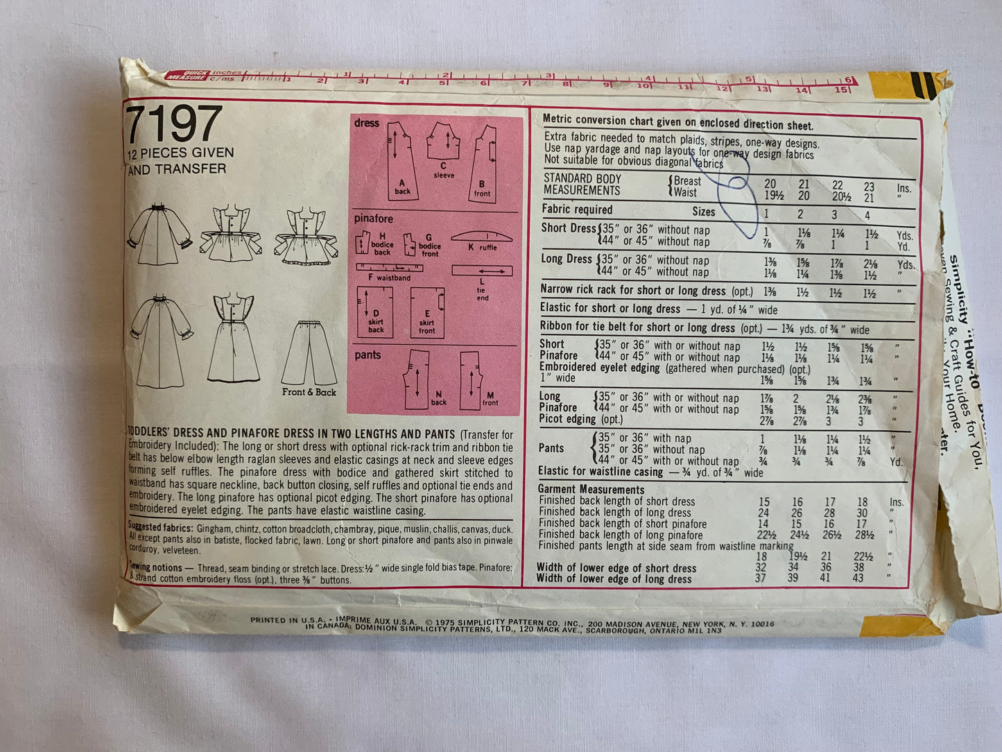 Simplicity Sewing Pattern 7197 Toddlers' Dress, Pinafore, Two Lengths, Pants, Tie Back, Button Back, Long/Short Sleeves, Size 1, Cut, Vintage 1975