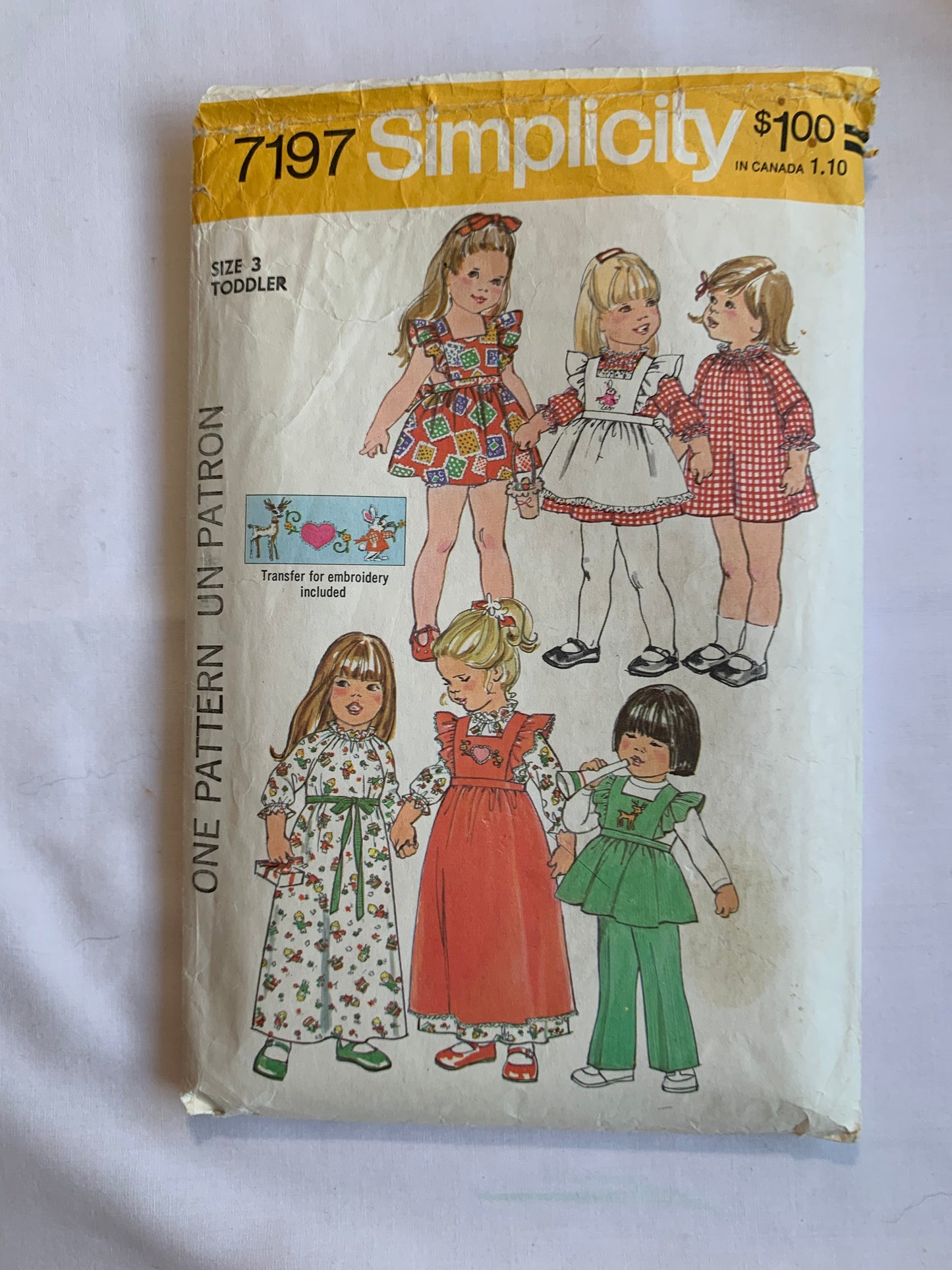 Simplicity Sewing Pattern 7197 Toddlers' Dress, Pinafore, Two Lengths, Pants, Tie Back, Button Back, Long/Short Sleeves, Size 3, Cut, Vintage 1975