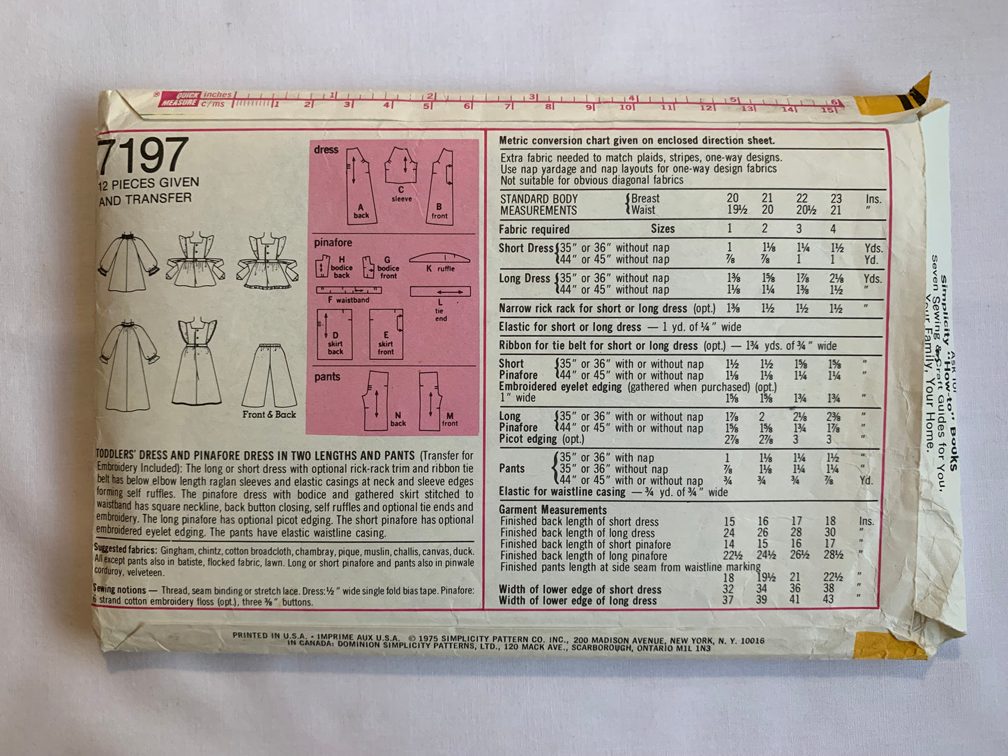 Simplicity Sewing Pattern 7197 Toddlers' Dress, Pinafore, Two Lengths, Pants, Tie Back, Button Back, Long/Short Sleeves, Size 3, Cut, Vintage 1975