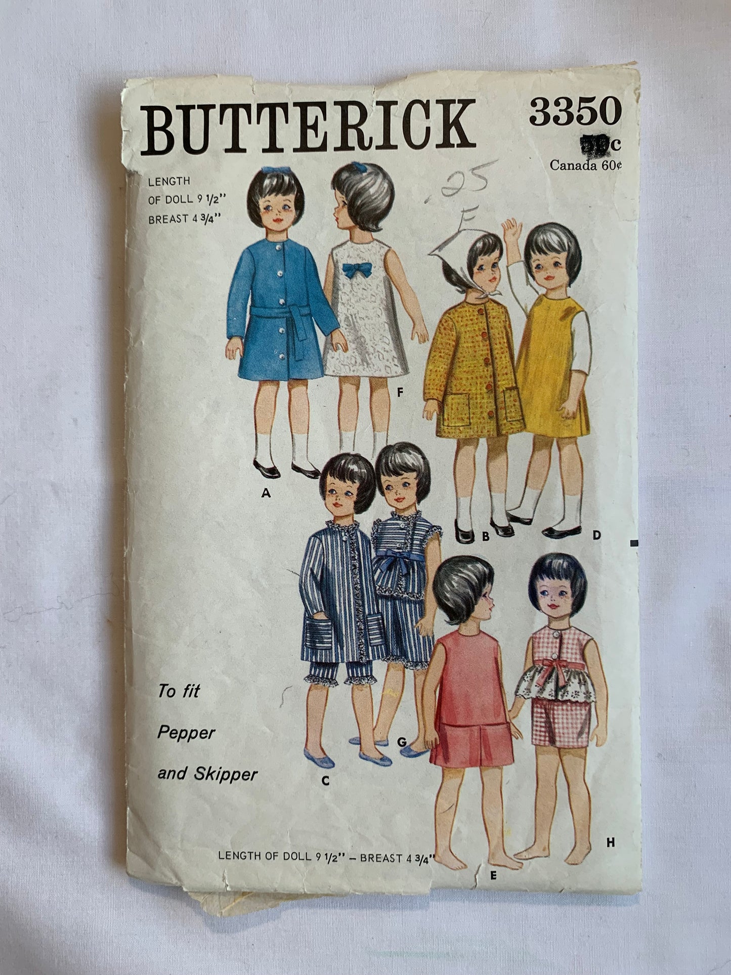 Butterick Sewing Pattern 3350 Craft 9 1/2 Inch Doll Clothes, Pepper, Skipper, Scarf, Belt, Coat, Dress, Beach, Pants, Shorts, Pockets, Cut, Vintage 1960