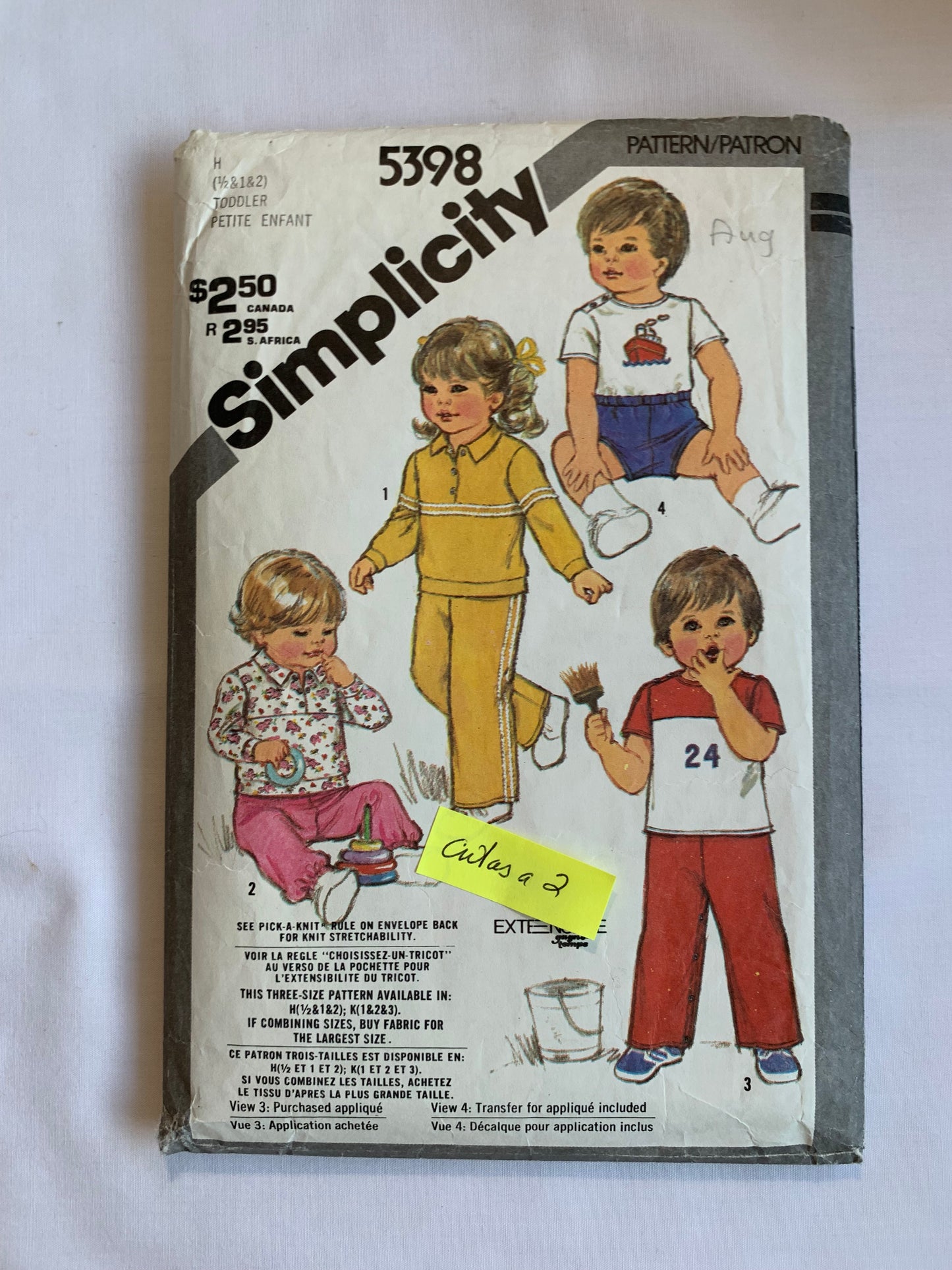 Simplicity Sewing Pattern 5398 Toddlers' Shorts, Two Lengths, Top, Shirt, Pullover, Pull-On, Long/Short Sleeves, Sleeveless, Size 1-2, Cut, Vintage 1981