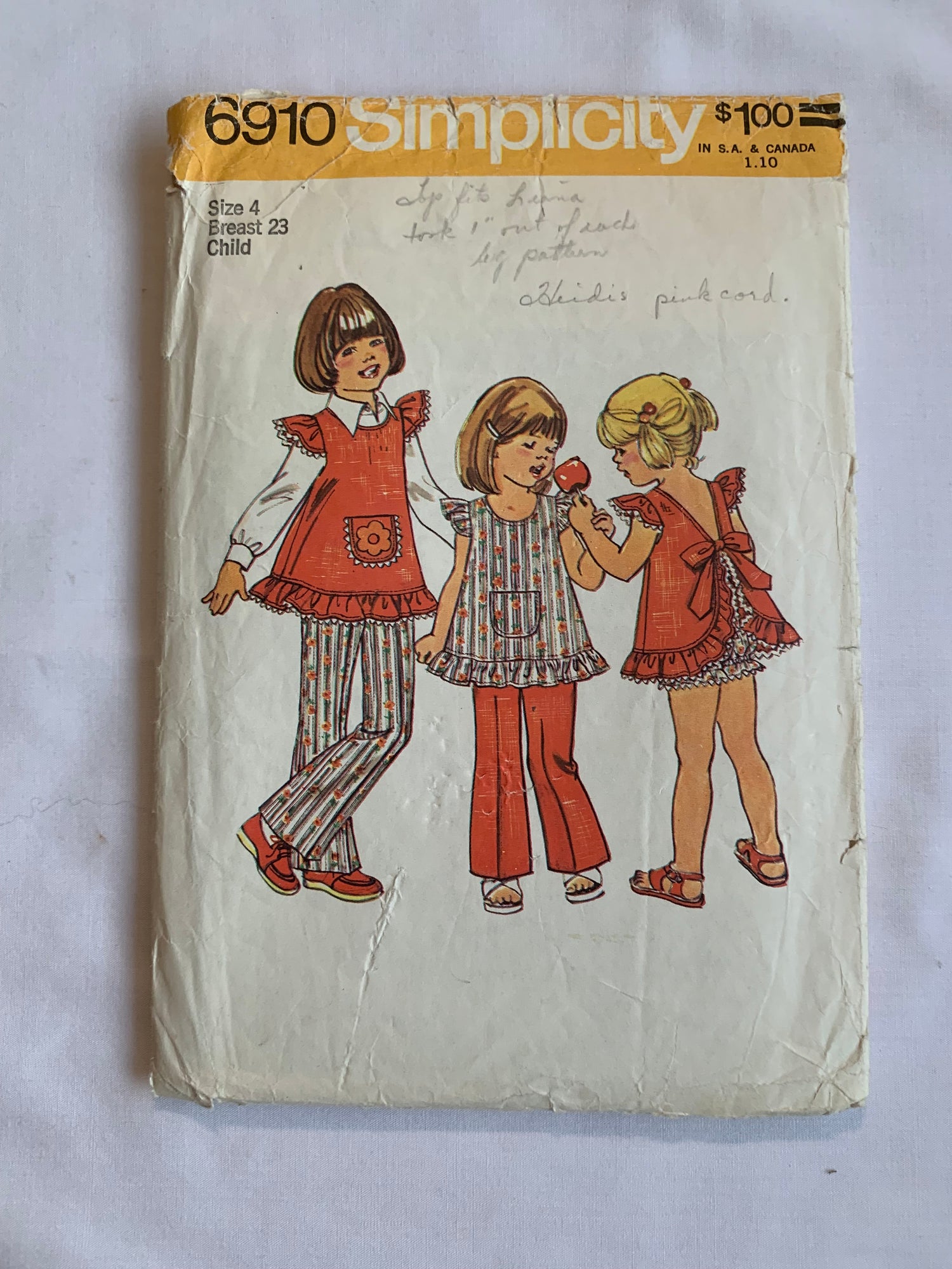 Simplicity Sewing Pattern 6910 Girls' Top, Panties, Pants, Pockets, Ruffle, Elastic Waist, Tie back, Cap Sleeves, Size 4. Cut, Vintage 1975