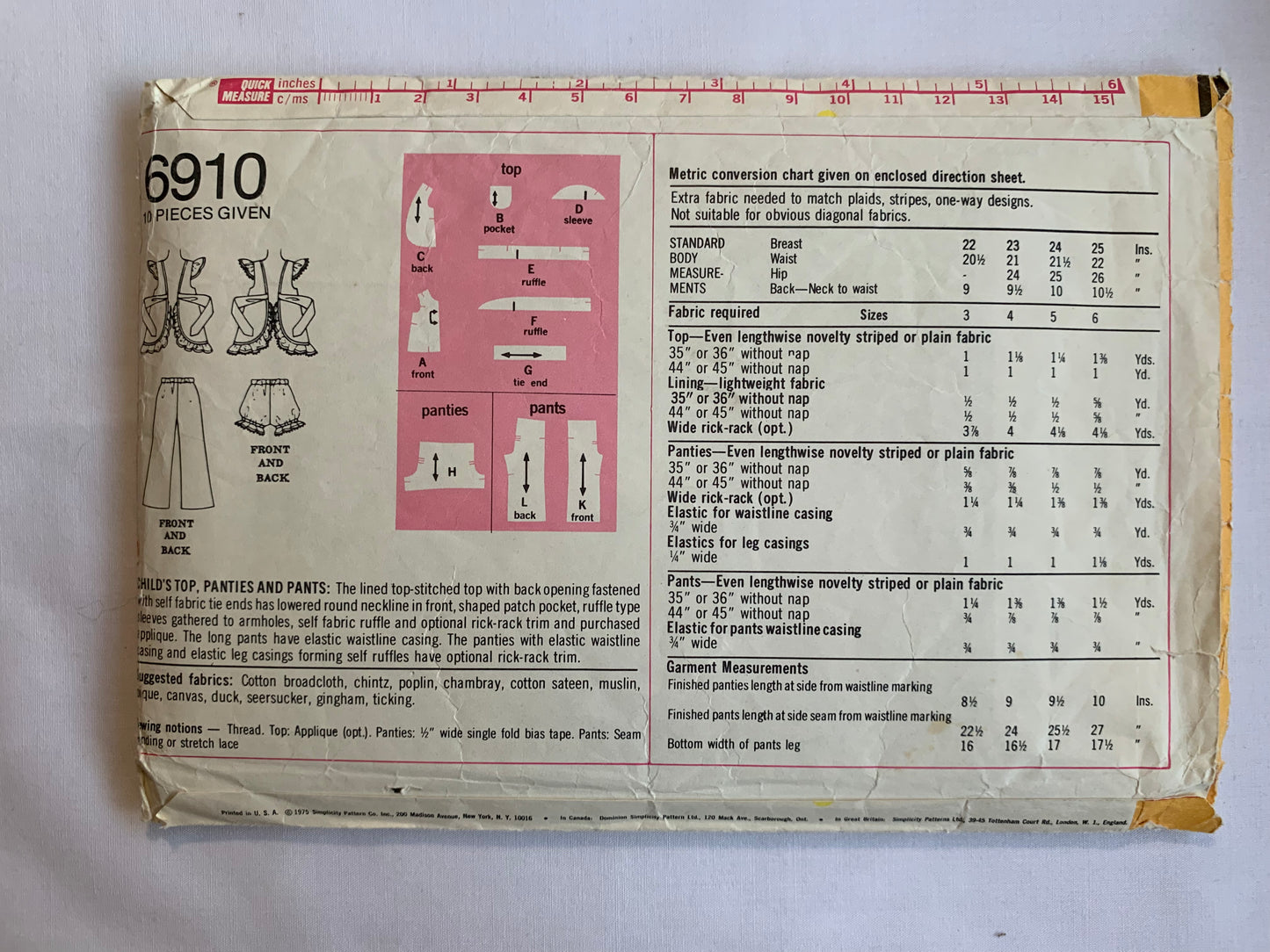 Simplicity Sewing Pattern 6910 Girls' Top, Panties, Pants, Pockets, Ruffle, Elastic Waist, Tie back, Cap Sleeves, Size 4. Cut, Vintage 1975